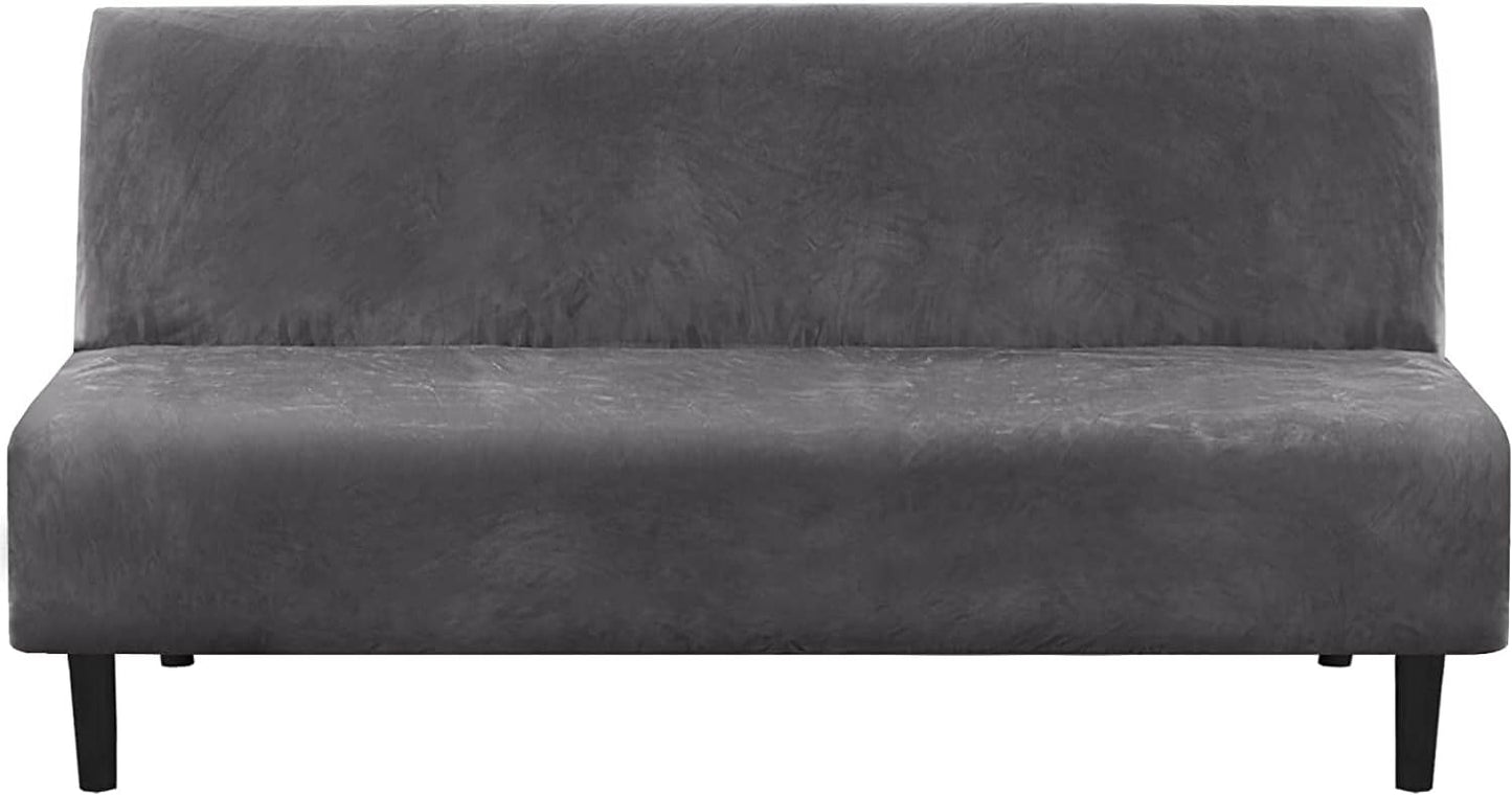 Real Velvet Futon Cover Armless Sofa Covers Sofa Bed Covers Stretch Futon Couch Cover Sofa Slipcover Furniture Protector Thick Soft Velvet Fabric Form Fitted Stay in Place, Grey