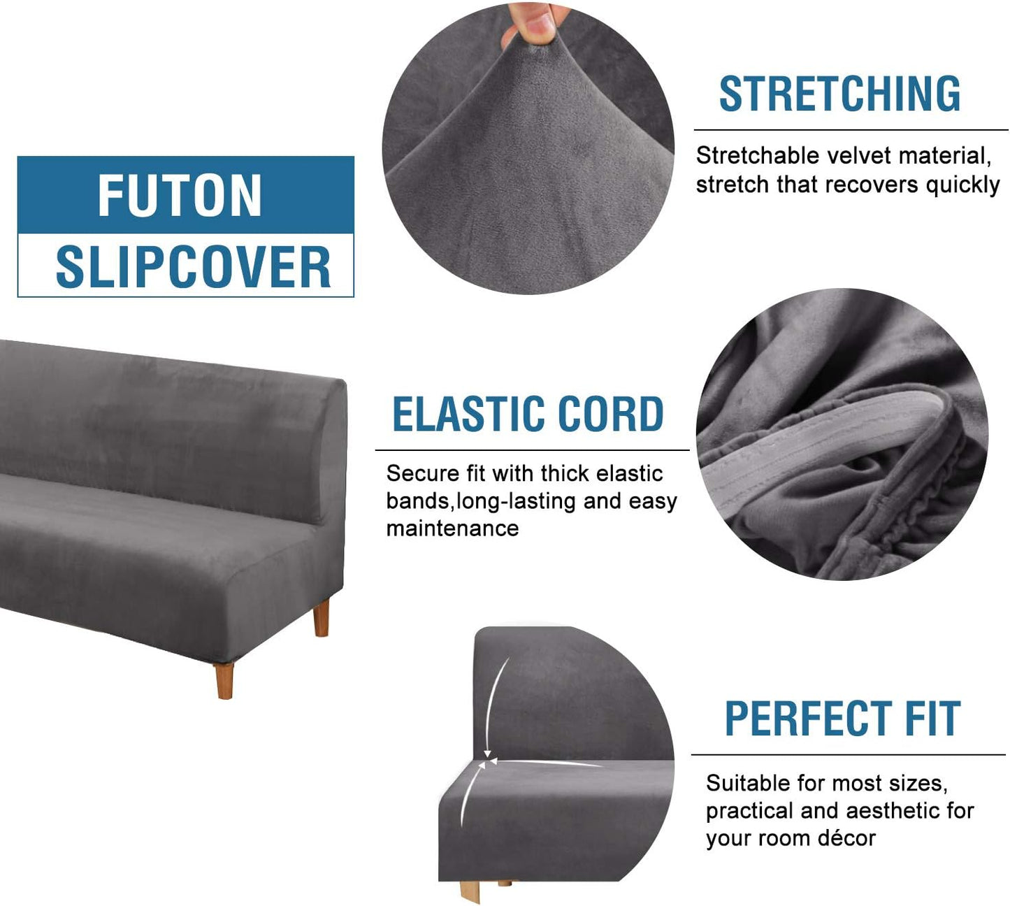 Real Velvet Futon Cover Armless Sofa Covers Sofa Bed Covers Stretch Futon Couch Cover Sofa Slipcover Furniture Protector Thick Soft Velvet Fabric Form Fitted Stay in Place, Grey