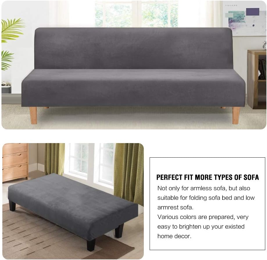 Real Velvet Futon Cover Armless Sofa Covers Sofa Bed Covers Stretch Futon Couch Cover Sofa Slipcover Furniture Protector Thick Soft Velvet Fabric Form Fitted Stay in Place, Grey