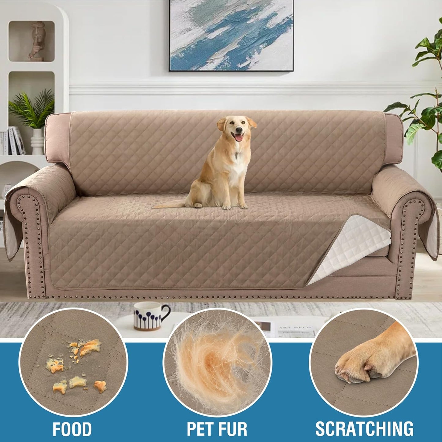 Sofa Cover, 100% Waterproof Slipcover Furniture Protector, Washable Couch Cover with Non-Skid Backing and Elastic Straps for Kids, Dogs, Pets(Sofa, French Oak)