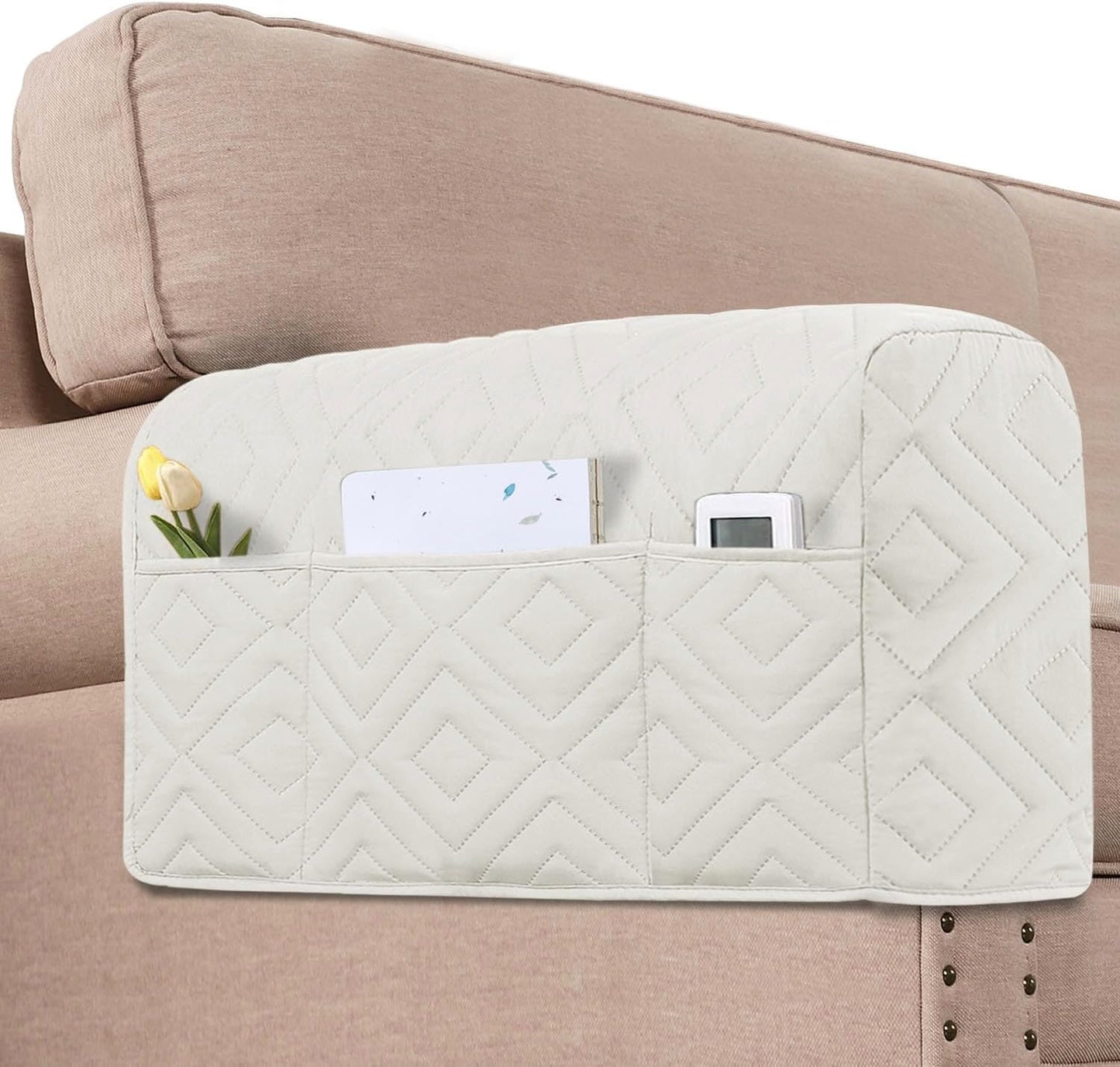 Armrest Covers for Sofa Water Resistant Couch Arm Covers Remote Control Holder Sofa Armrest Organizer for Magazine, Tablet, Phone, iPad(Set of 2, Ivory/Beige)