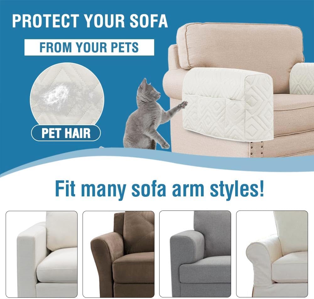 Armrest Covers for Sofa Water Resistant Couch Arm Covers Remote Control Holder Sofa Armrest Organizer for Magazine, Tablet, Phone, iPad(Set of 2, Ivory/Beige)