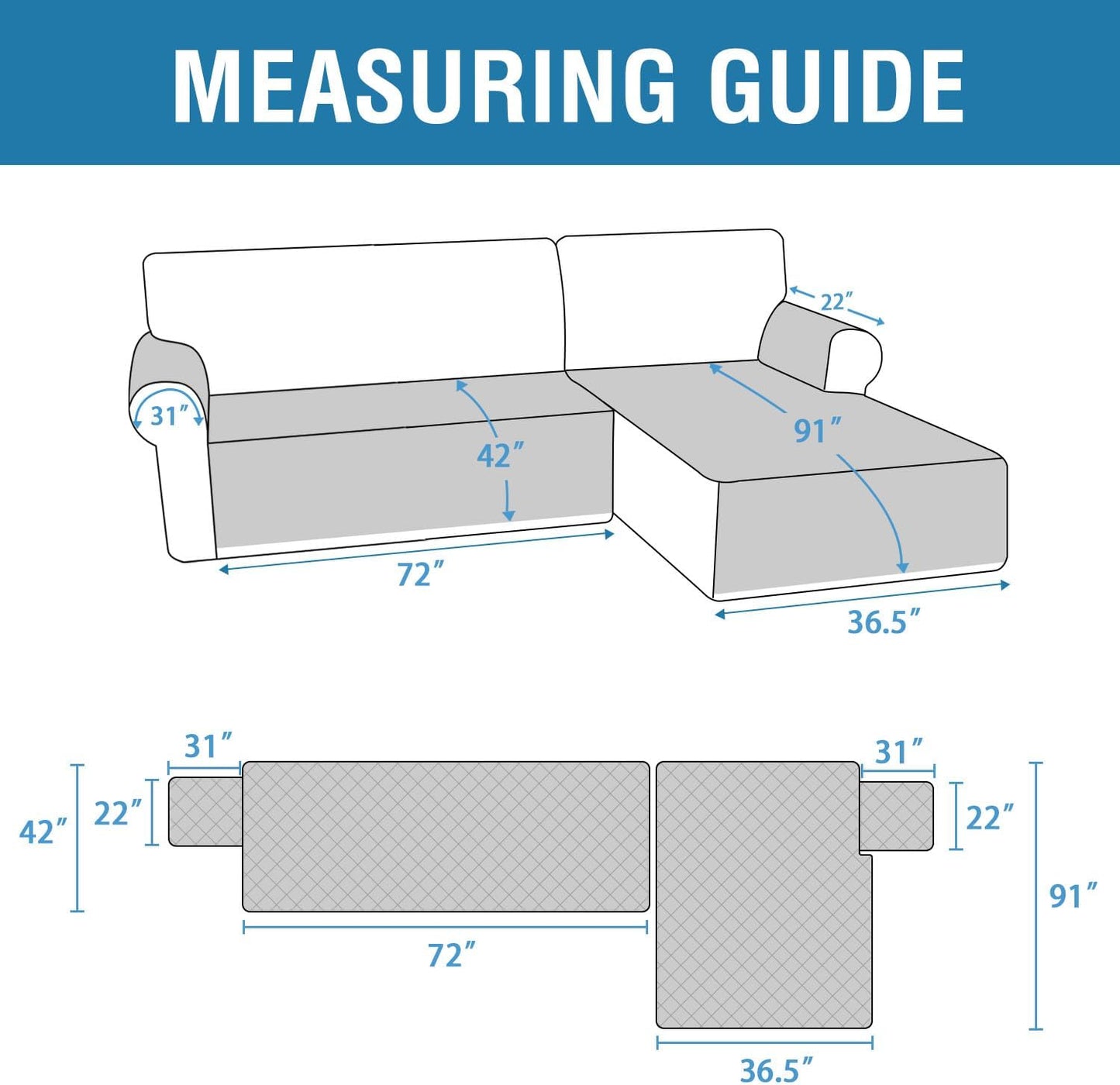 100% Waterproof Sectional Couch Covers L Shape Sofa Cover 2-Piece Couch Slipcover with Chaise Cover Durable Furniture Protector for Pets Dog Cat(Right Chaise + 3 Seat Sofa, Rocket Gray)