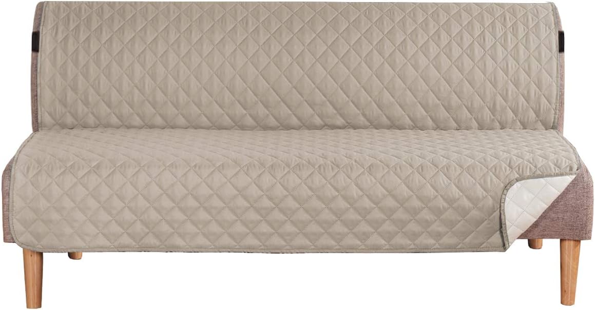 Reversible Futon Cover Water Repellent Armless Sofa Slipcover Washable Furniture Protector with Adjtable Elastic Strap Anti-Slip Futon Bed Cover for Dogs 70" Width Seat(Khaki/Beige)
