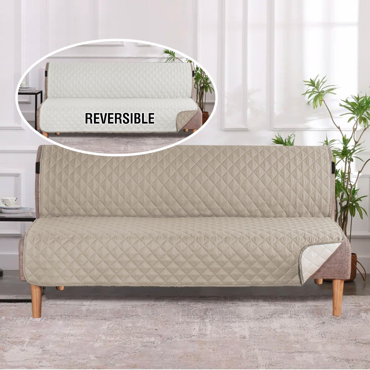 Reversible Futon Cover Water Repellent Armless Sofa Slipcover Washable Furniture Protector with Adjtable Elastic Strap Anti-Slip Futon Bed Cover for Dogs 70" Width Seat(Khaki/Beige)