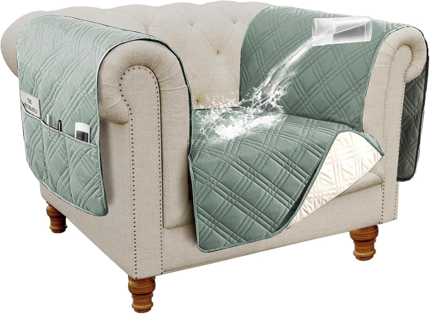 100% Waterproof Chair Slipcover Armchair Covers with Extra Long Armrest Cover Traditional Chesterfield Furniture Protector Cover for Pets Kids Children Dog Cat(Chair, Lily Pad/Beige)