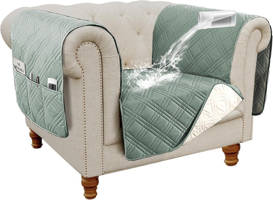 100% Waterproof Chair Slipcover Armchair Covers with Extra Long Armrest Cover Traditional Chesterfield Furniture Protector Cover for Pets Kids Children Dog Cat(Chair, Lily Pad/Beige)
