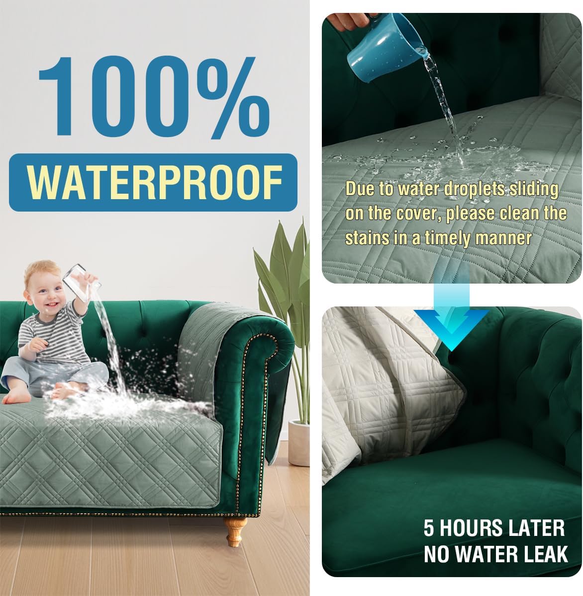 100% Waterproof Chair Slipcover Armchair Covers with Extra Long Armrest Cover Traditional Chesterfield Furniture Protector Cover for Pets Kids Children Dog Cat(Chair, Lily Pad/Beige)