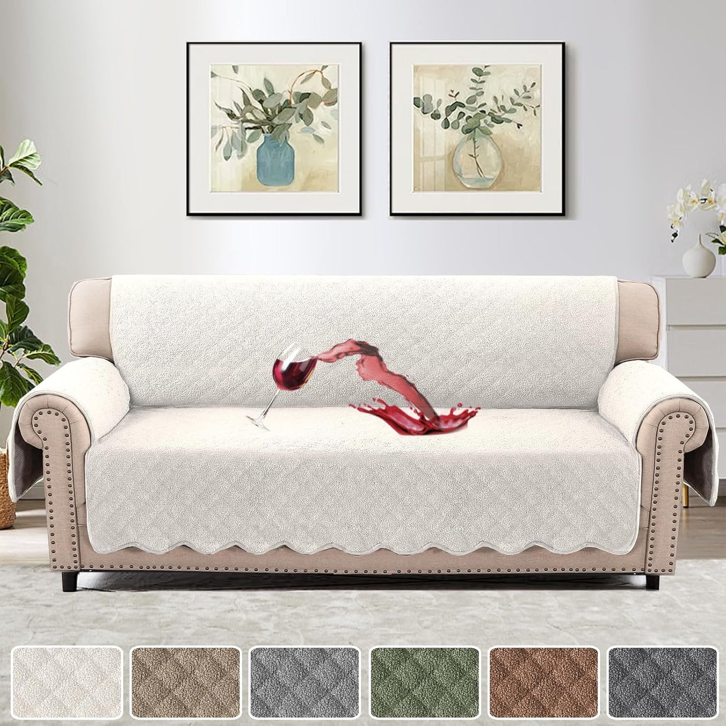 Waterproof Quilted Couch Covers Non Slip Sofa Covers Protector Slipcovers for Dogs Couch Covers for 3 Chion Couch Pet Furniture Protector Modern Fleece Fabric (Sofa,Natural White)