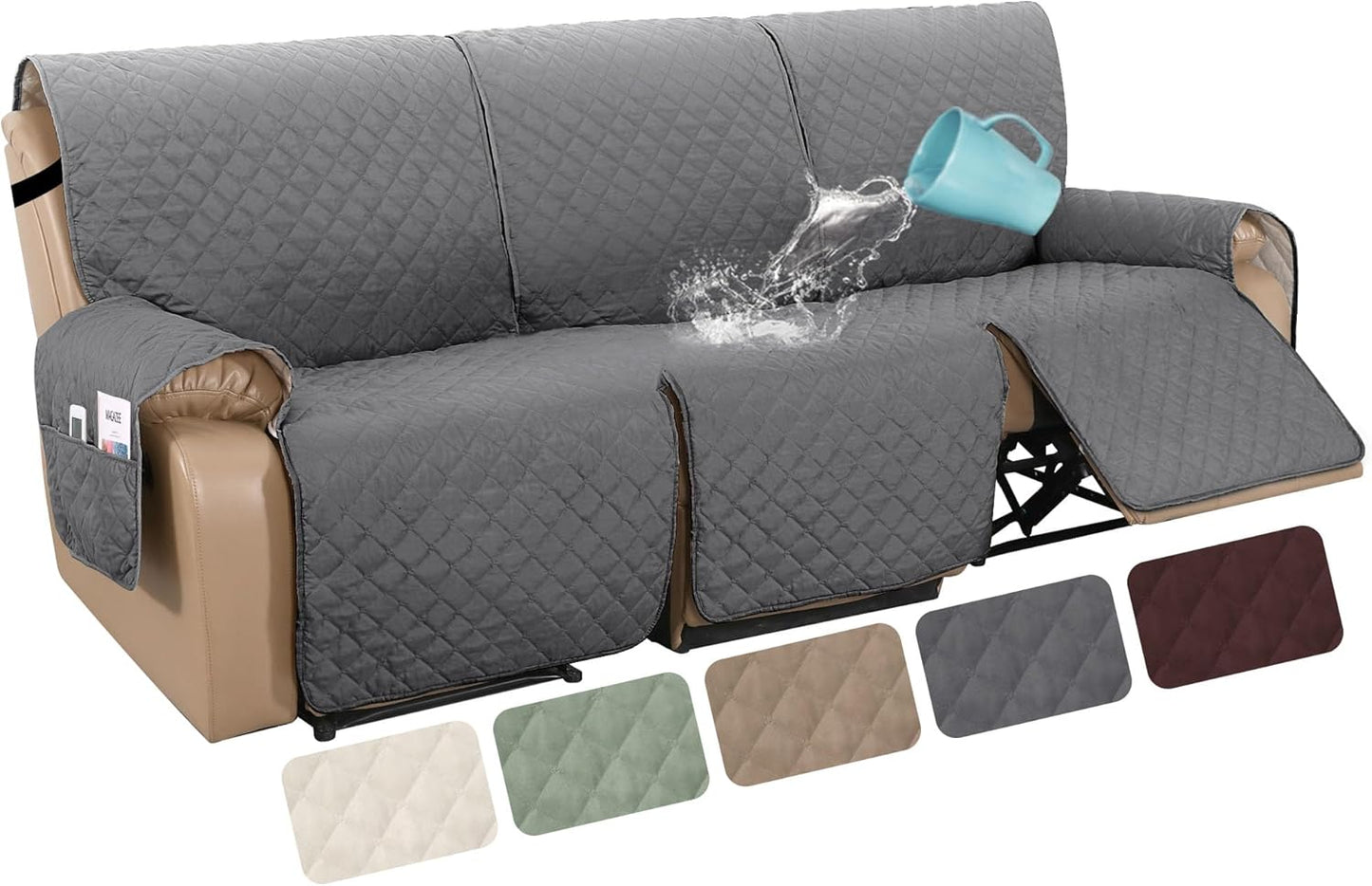 100% Waterproof Recliner Cover 1-Piece Recliner Sofa Cover for 3 Chion Couch Furniture Protector Cover with Non Slip Backing and Strap for Kids, Dogs, Pets(3 Seater, Rocket Gray)