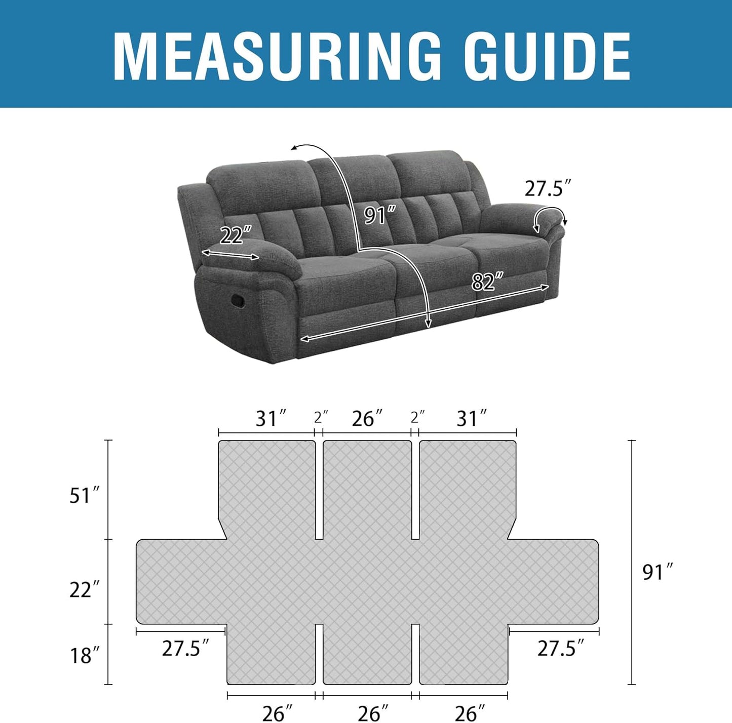 100% Waterproof Recliner Cover 1-Piece Recliner Sofa Cover for 3 Chion Couch Furniture Protector Cover with Non Slip Backing and Strap for Kids, Dogs, Pets(3 Seater, Rocket Gray)