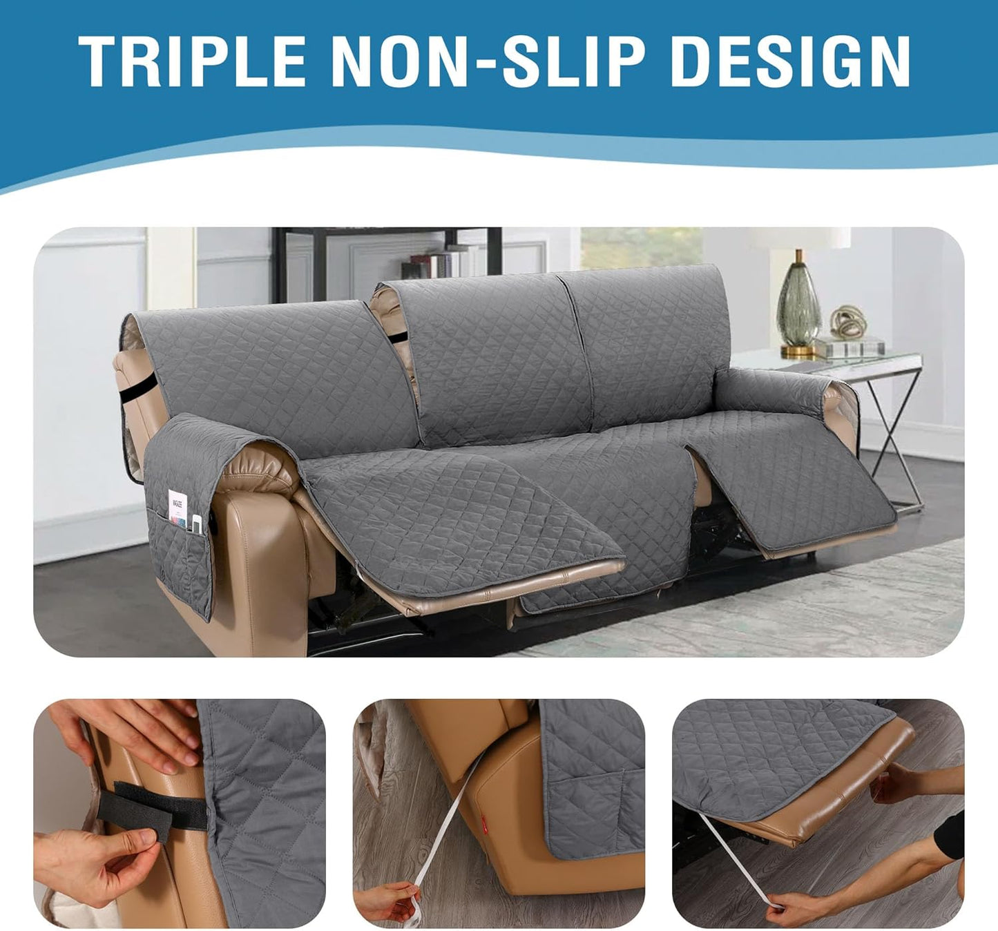 100% Waterproof Recliner Cover 1-Piece Recliner Sofa Cover for 3 Chion Couch Furniture Protector Cover with Non Slip Backing and Strap for Kids, Dogs, Pets(3 Seater, Rocket Gray)