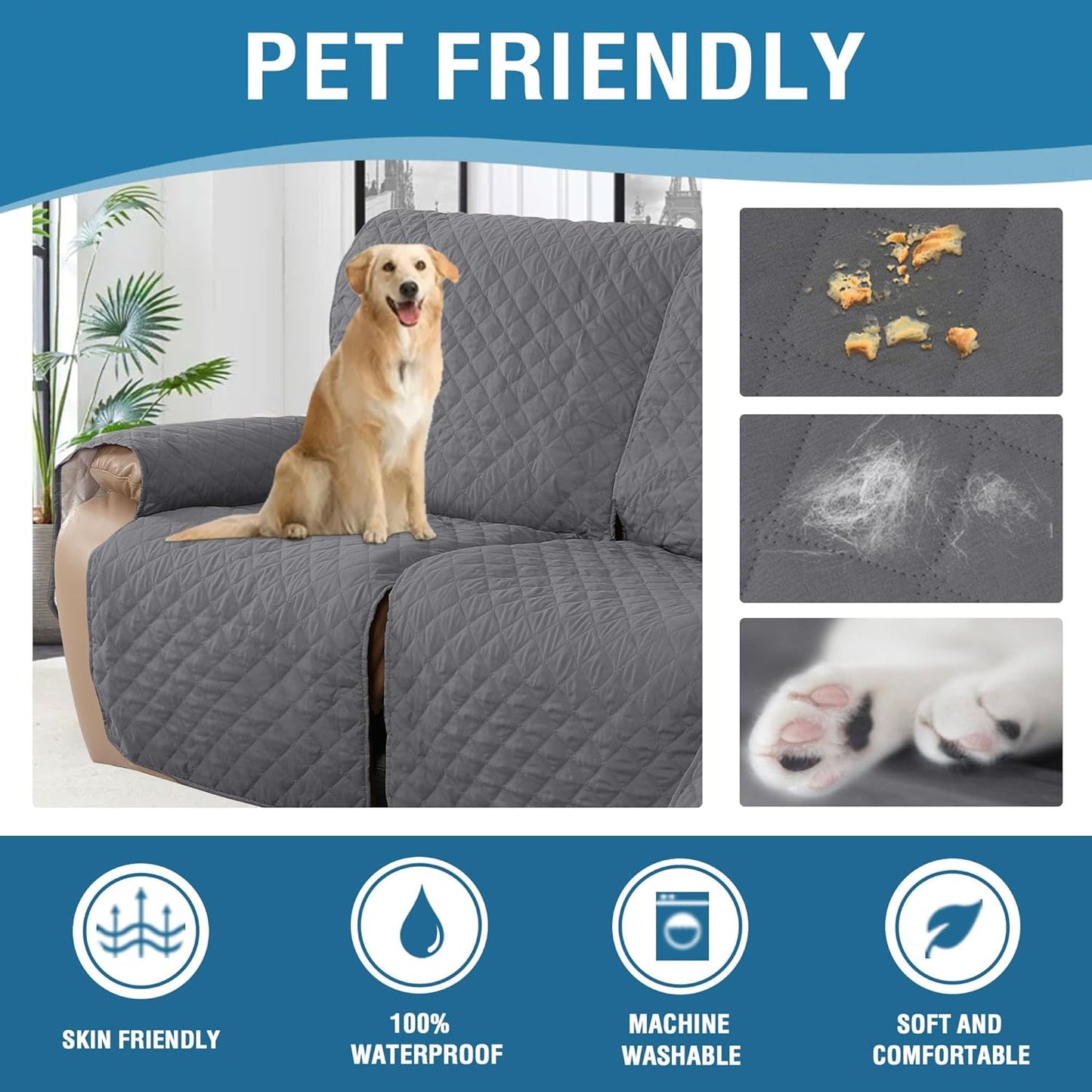 100% Waterproof Recliner Cover 1-Piece Recliner Sofa Cover for 3 Chion Couch Furniture Protector Cover with Non Slip Backing and Strap for Kids, Dogs, Pets(3 Seater, Rocket Gray)