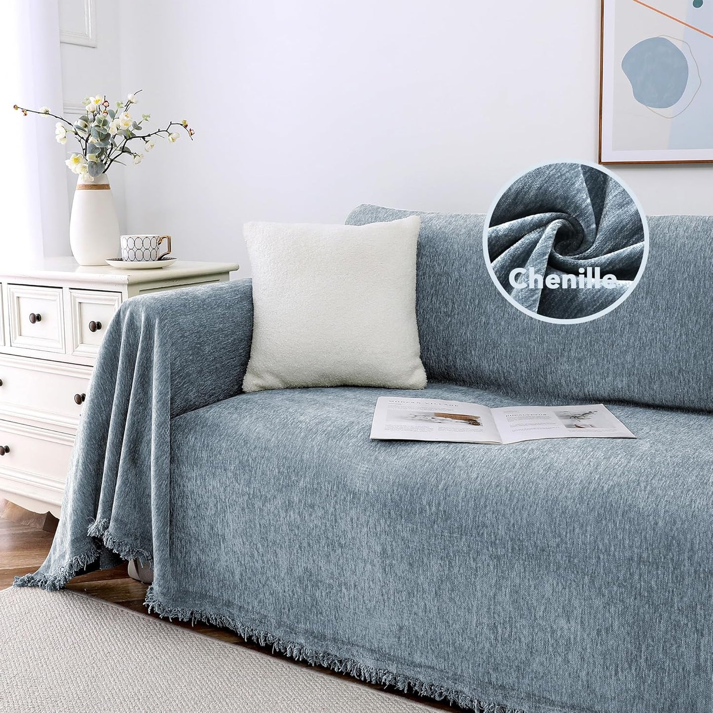 Couch Slipcover Dog Sofa Covers Chenille Couch Cover for Pets Furniture Cover for Sofa Washable Sofa Slipcovers for 3 Chion Couch Sectional Furniture Protector, 71"X118", Stone Blue