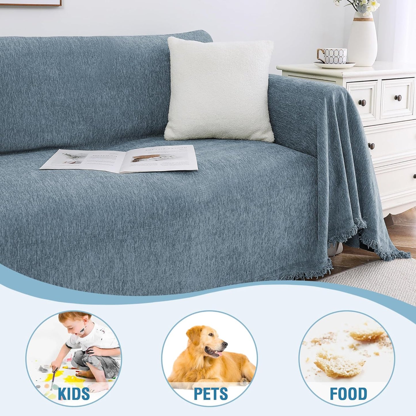 Couch Slipcover Dog Sofa Covers Chenille Couch Cover for Pets Furniture Cover for Sofa Washable Sofa Slipcovers for 3 Chion Couch Sectional Furniture Protector, 71"X118", Stone Blue