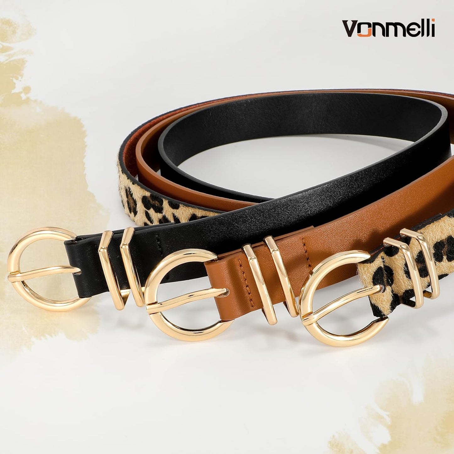 3 Pack Women's Leather Belts for Jeans Dresses Ladies Waist Belt with Fashion Gold Buckle