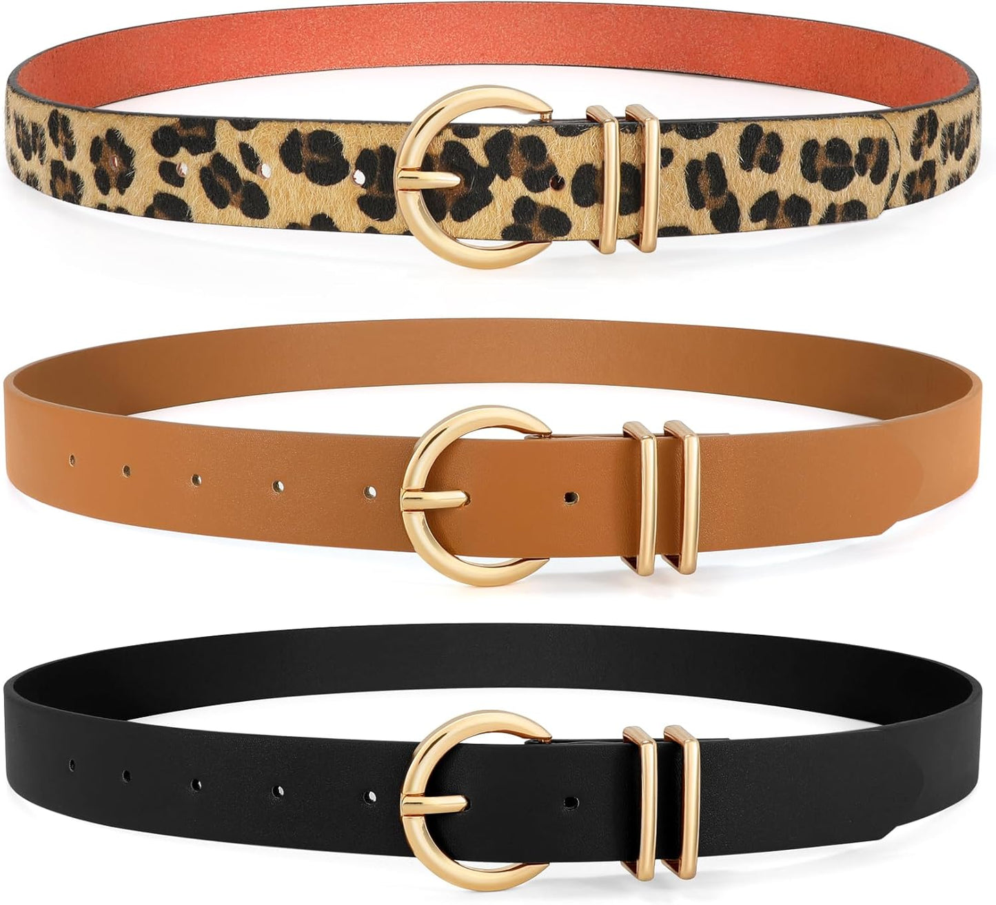 3 Pack Women's Leather Belts for Jeans Dresses Ladies Waist Belt with Fashion Gold Buckle