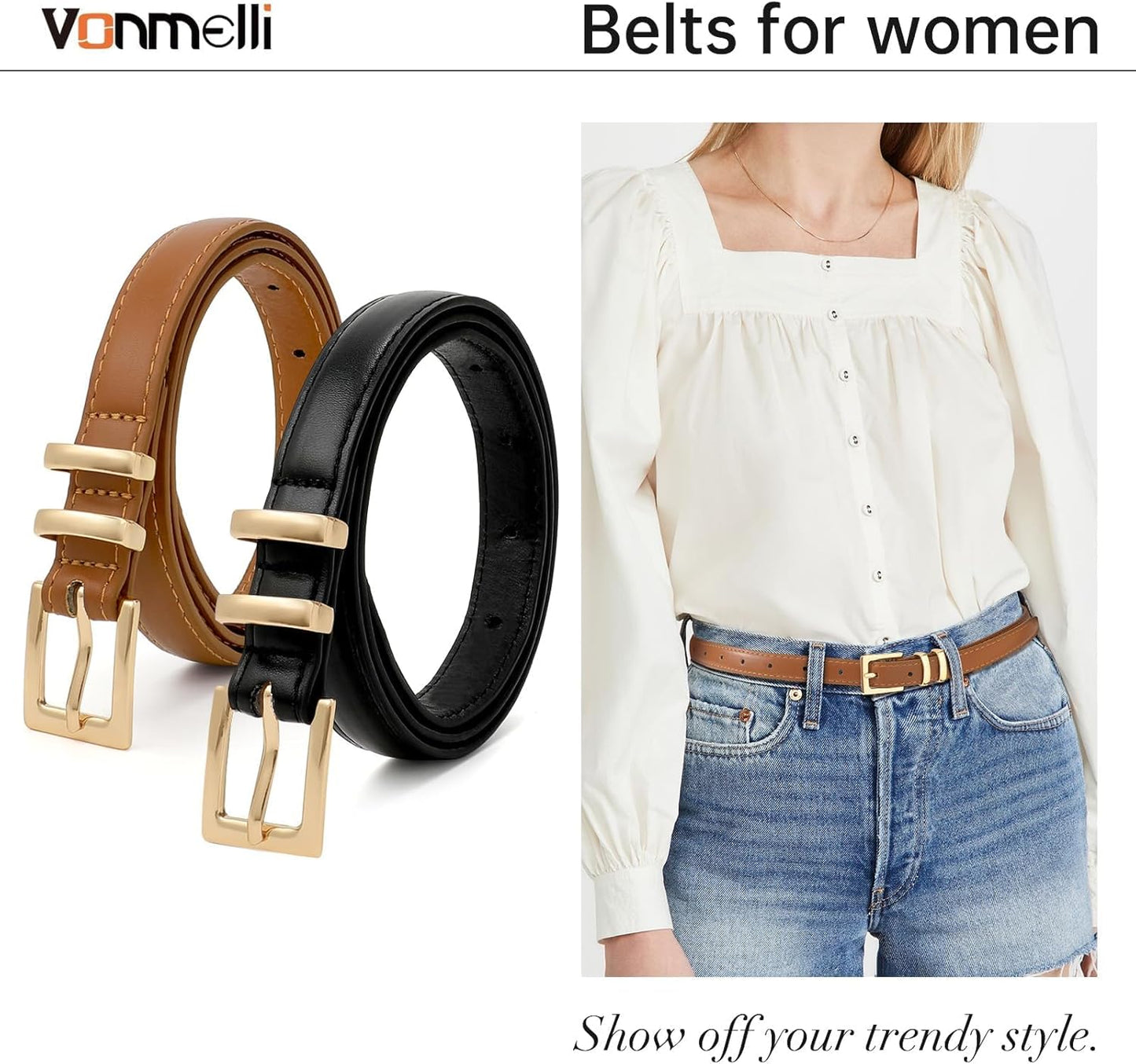 Leather Thin Belts for Women, Fashion Women's Skinny Belts Thin Ladies Belts for Jeans Dress Pants