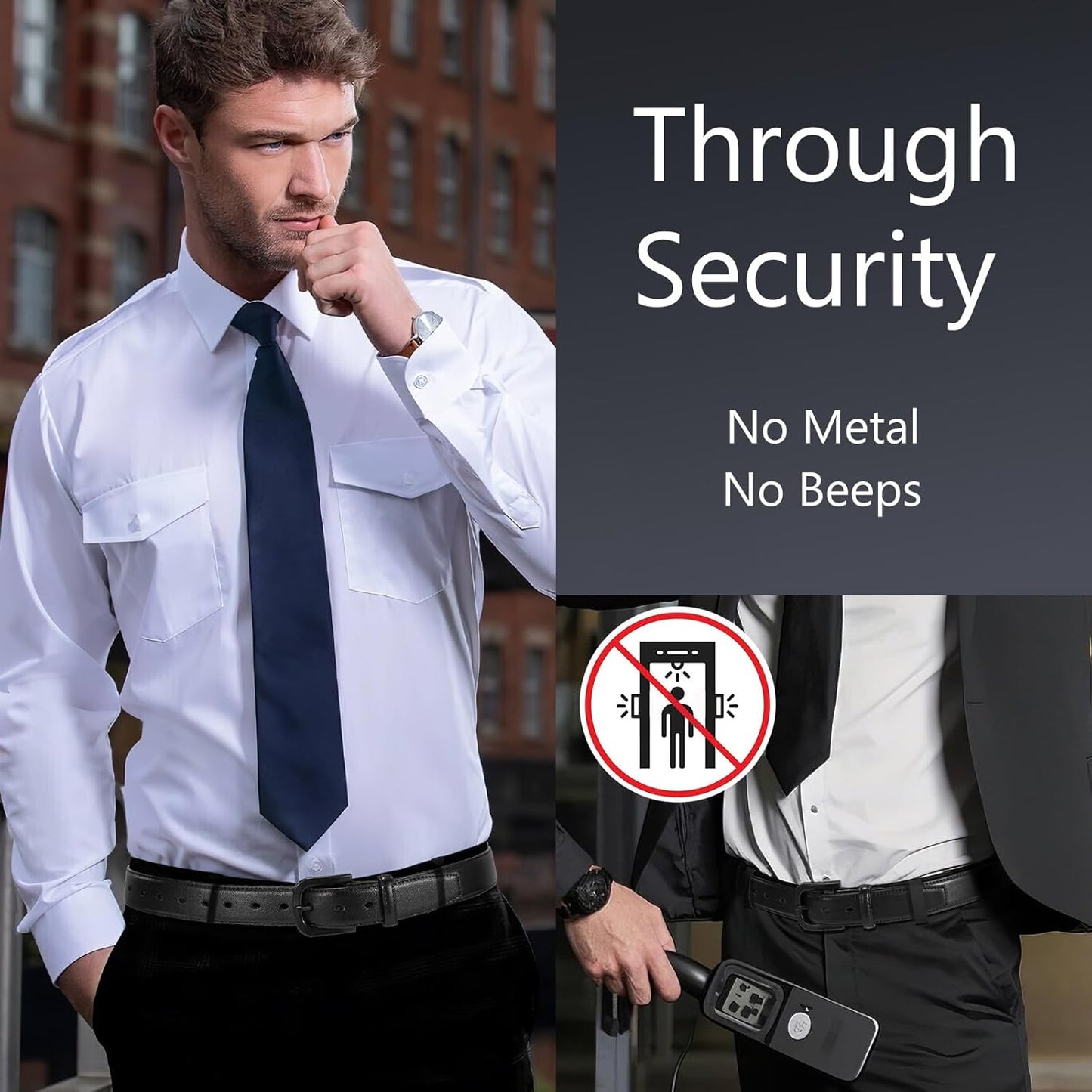 Men's Metal Free Leather Belt TSA Approved Non Metal Belt for Men Jeans with Hypoallergenic Buckle