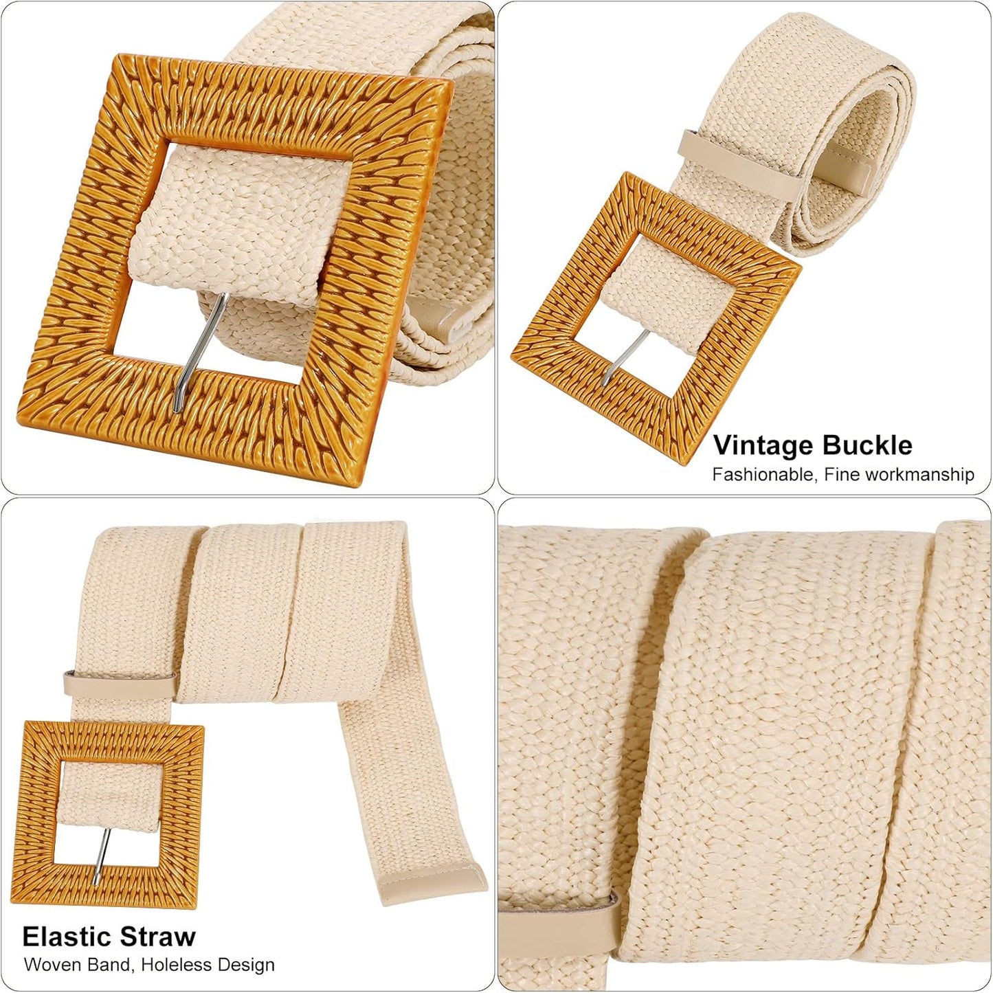 3 Pack Straw Woven Elastic Stretch Waist Belt Fashion Boho Dress Braided Belts for Women Khaki Beige Black XL
