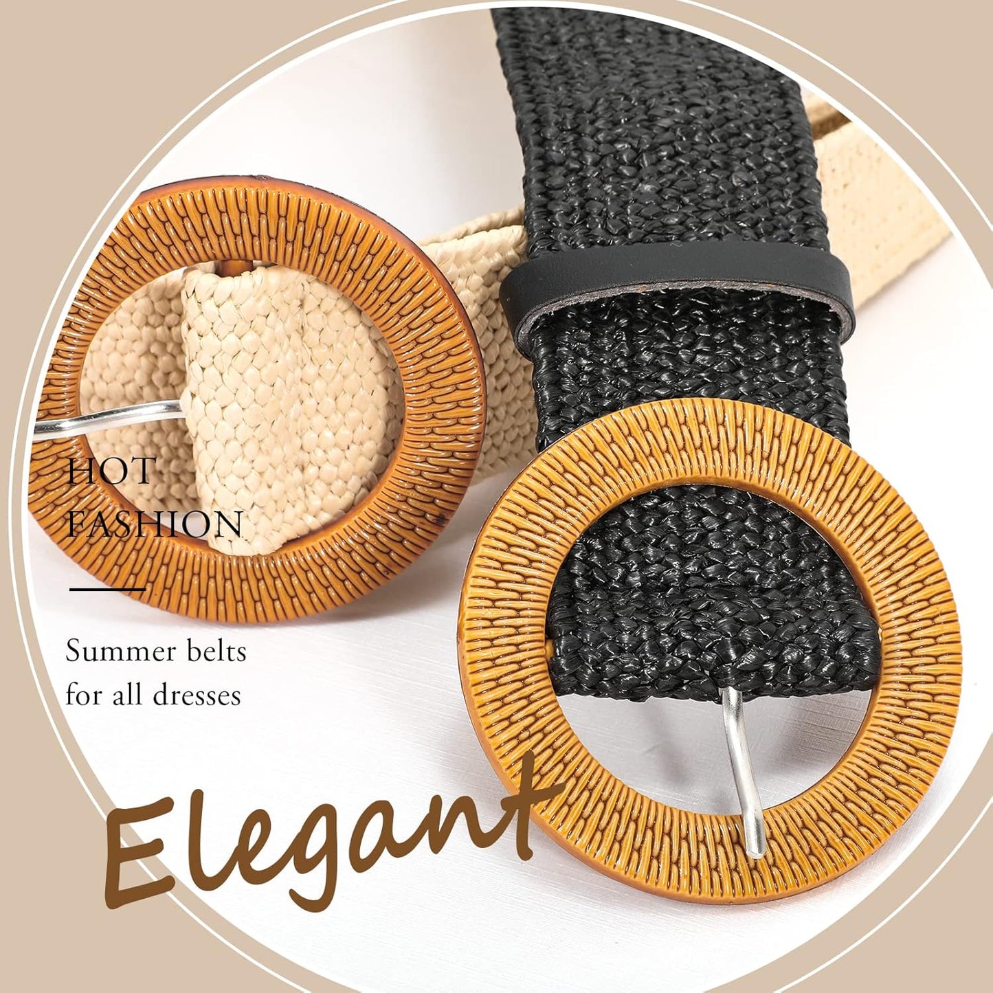 3 Pack Straw Woven Elastic Stretch Waist Belt Fashion Boho Dress Braided Belts for Women Khaki Beige Black XL