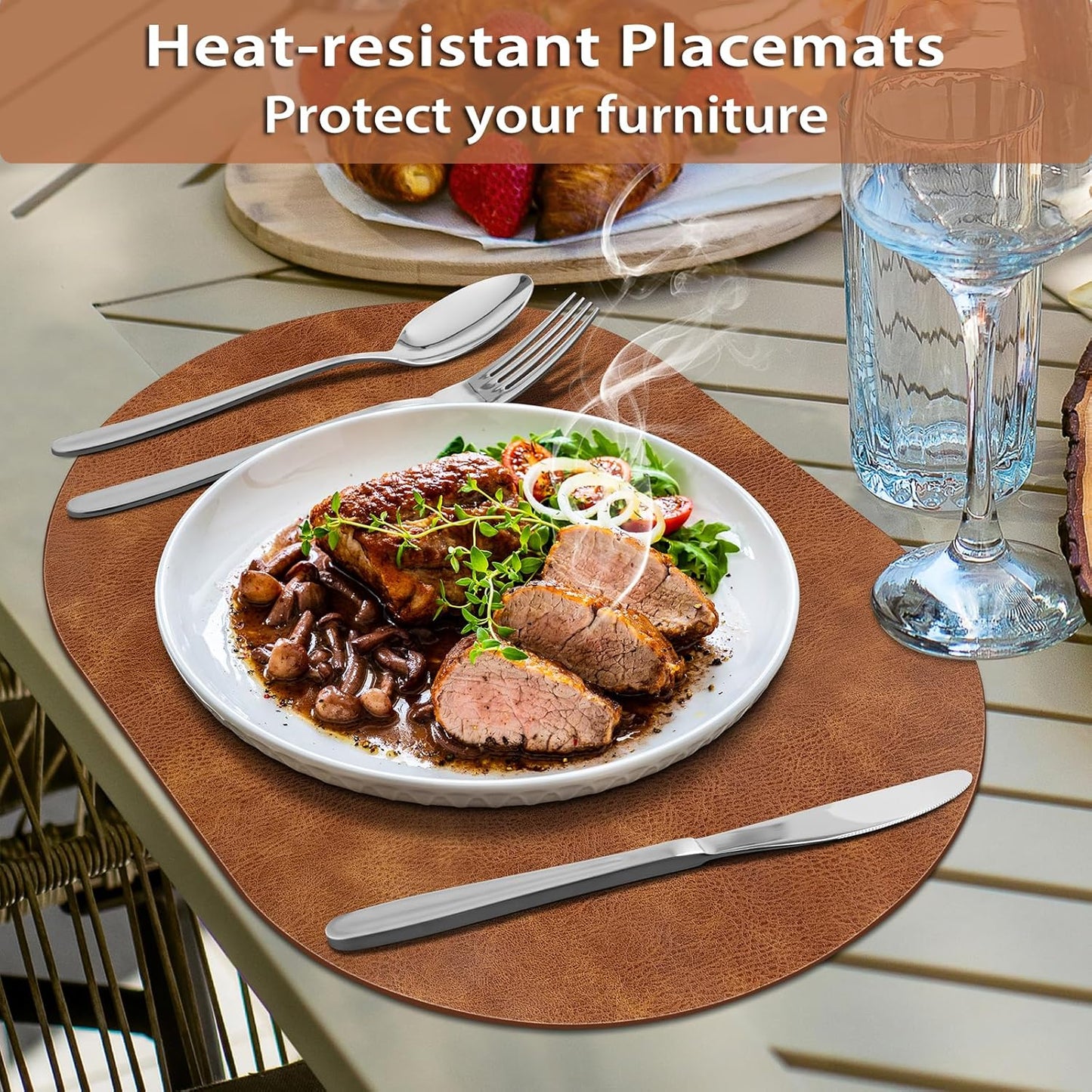 Placemats, Heat Resistant Oval Placemats Set of 6 Washable 12 x 17 Inch, Waterproof Table Mats, Wipeable Pu Place Mats for Kitchen, Dining Room, Turmeric Brown