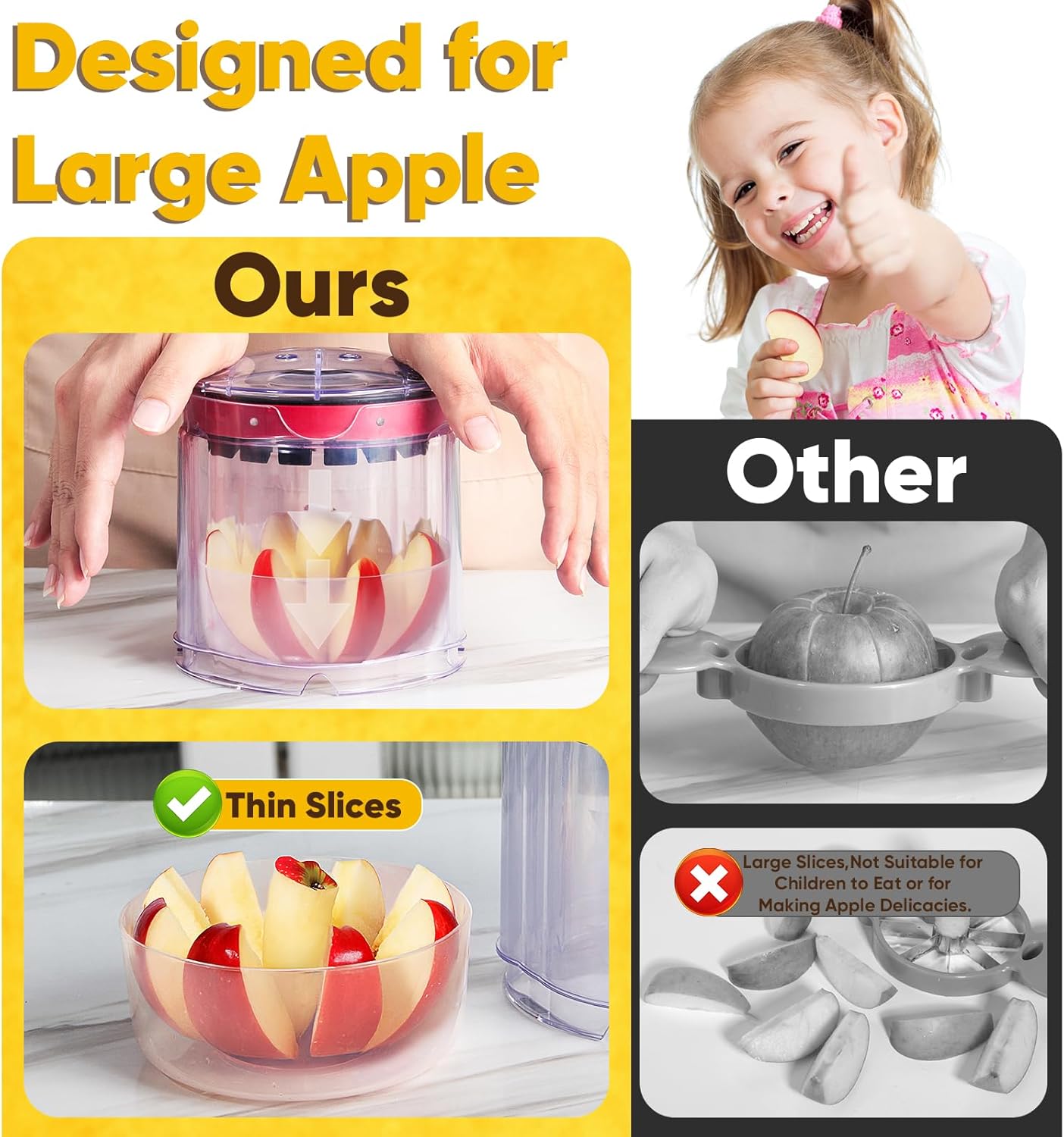 5.12-Inch Apple Slicer - 8 Slices, Ultra-Safe & Heavy-Duty Stainless Steel Extra Large Apple Cutter, Upgraded Cut Apples All The Way Through, with Red Bowl