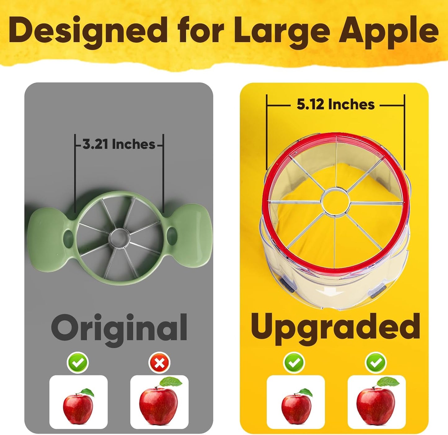 5.12-Inch Apple Slicer - 8 Slices, Ultra-Safe & Heavy-Duty Stainless Steel Extra Large Apple Cutter, Upgraded Cut Apples All The Way Through, with Red Bowl