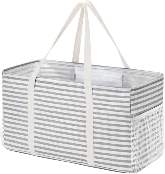 Extra Large Tote Bag, Reable Grocery Bags with Metal Wire Frame and Handles, Standing Utility Foldable Shopping Bags for Storage, Picnics, Beach, Laundry, Car, 46L, 1 Pack, Gray
