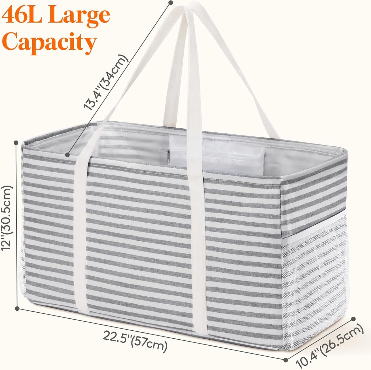 Extra Large Tote Bag, Reable Grocery Bags with Metal Wire Frame and Handles, Standing Utility Foldable Shopping Bags for Storage, Picnics, Beach, Laundry, Car, 46L, 1 Pack, Gray
