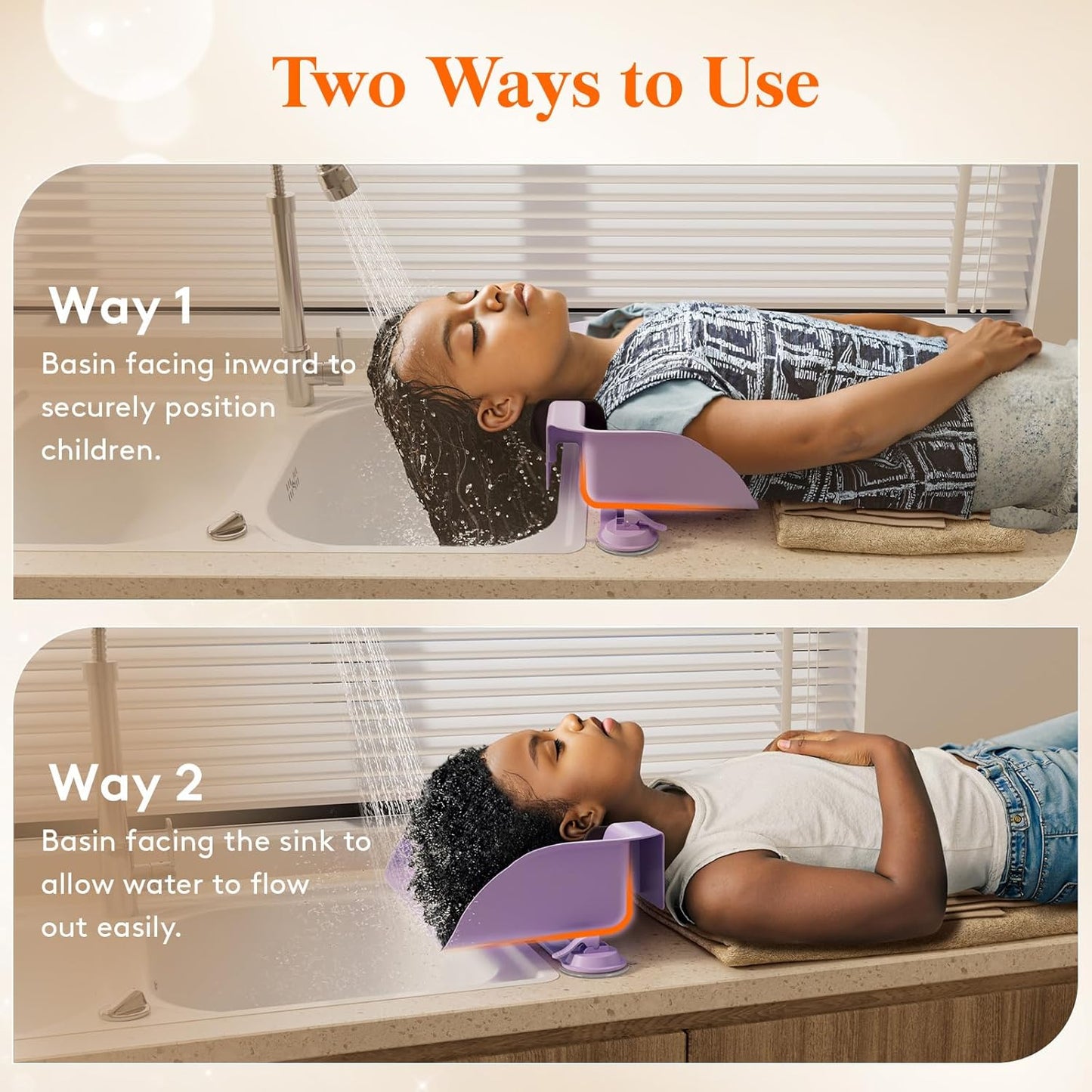 Hair Washing Station for Kids, Neck Support Shampoo Bowl for Kitchen Sink or Bathtub at Home, Portable Hair Wash Basin for Toddlers, Children, Teens, Purple, 10 inch/ 26 cm Wide