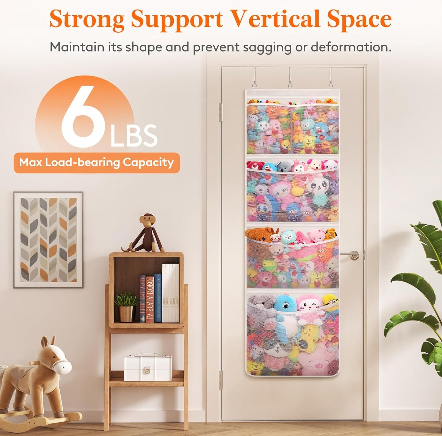Stuffed Animal Storage, Over the Door Organizer with 5 Expandable Mesh Pockets, Breathable Oxford Fabric Hanging Kid Baby Plh Toy Holder for Nursery, 167 cm (65.8'') High, White, 1 Pack