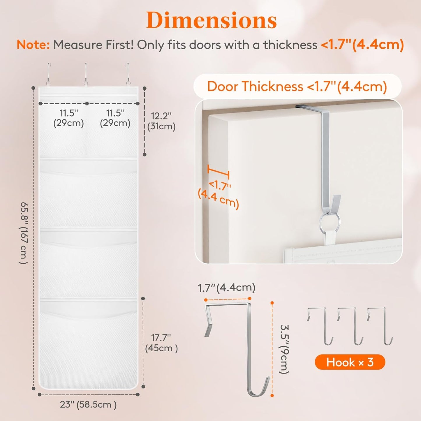 Stuffed Animal Storage, Over the Door Organizer with 5 Expandable Mesh Pockets, Breathable Oxford Fabric Hanging Kid Baby Plh Toy Holder for Nursery, 167 cm (65.8'') High, White, 1 Pack