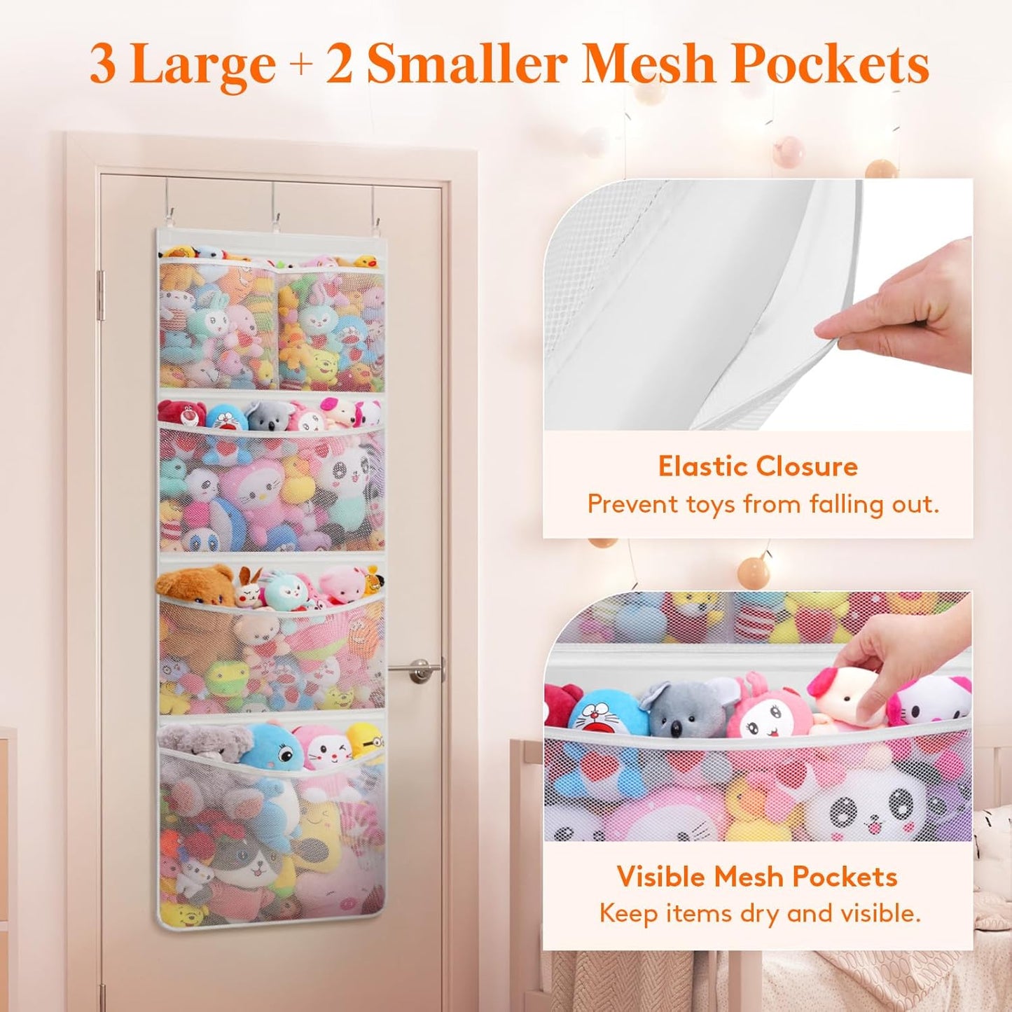 Stuffed Animal Storage, Over the Door Organizer with 5 Expandable Mesh Pockets, Breathable Oxford Fabric Hanging Kid Baby Plh Toy Holder for Nursery, 167 cm (65.8'') High, White, 1 Pack