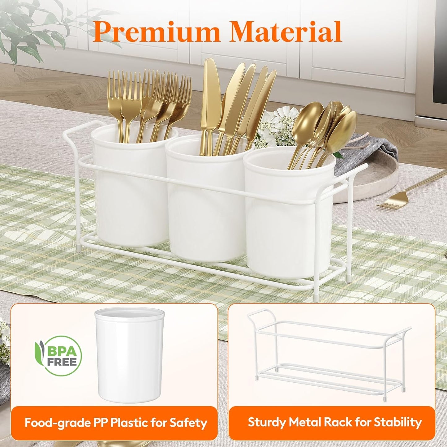 Plastic Silverware Caddy with Metal Rack, Utensil Holder for Party, Cutlery Flatware Organizer for Kitchen Countertop, Forks Spoons Knives Storage for Picnic Camping Outdoor Buffet, White