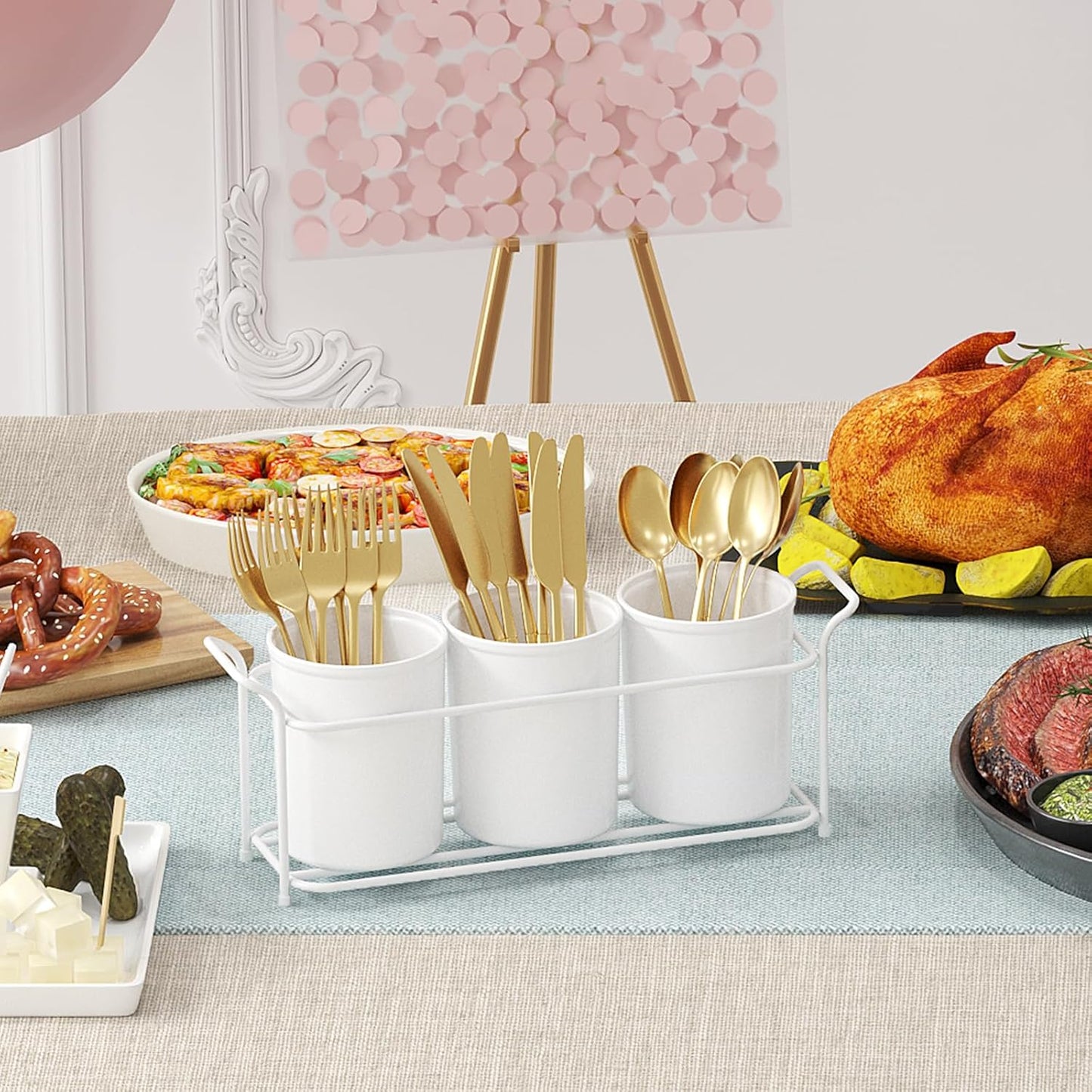 Plastic Silverware Caddy with Metal Rack, Utensil Holder for Party, Cutlery Flatware Organizer for Kitchen Countertop, Forks Spoons Knives Storage for Picnic Camping Outdoor Buffet, White