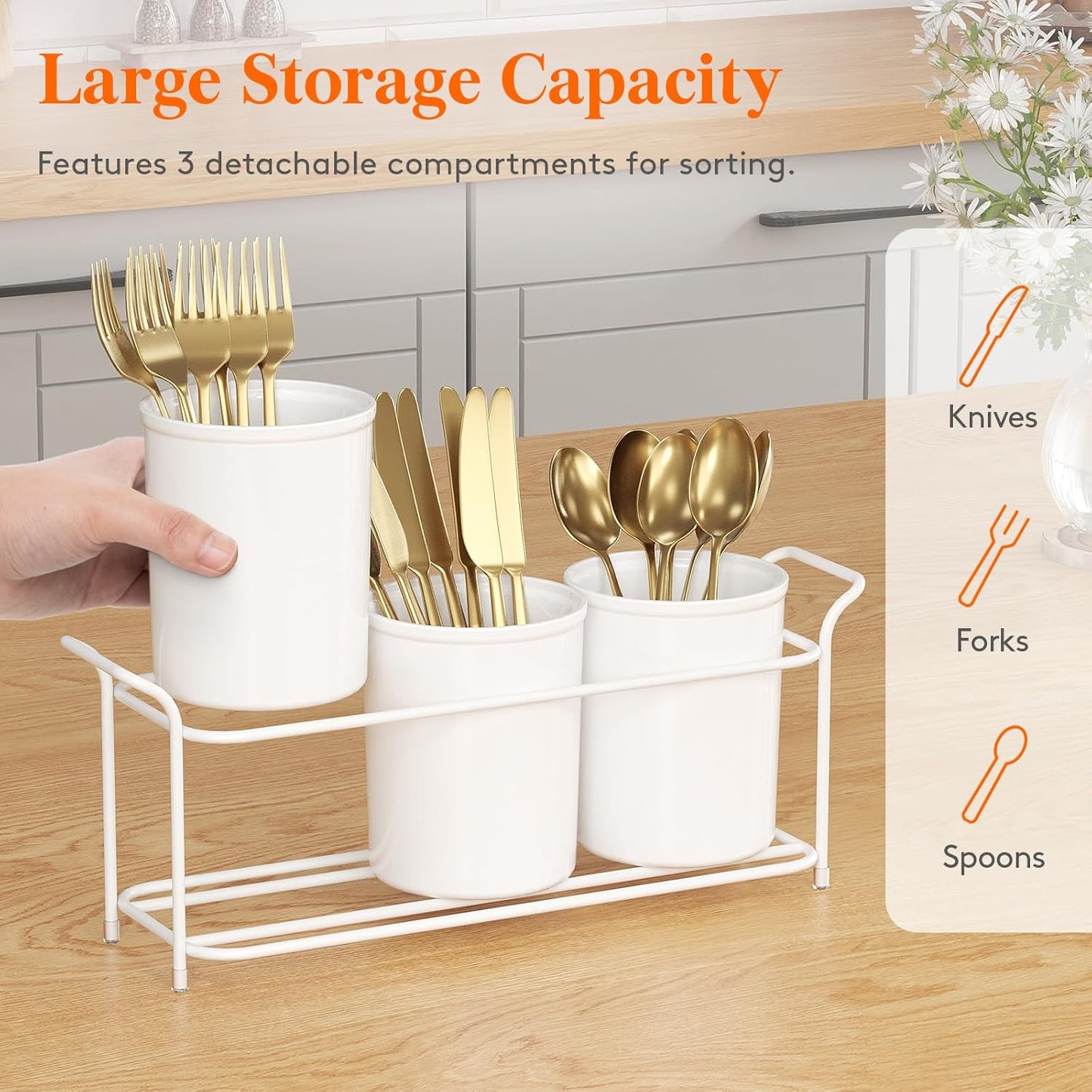 Plastic Silverware Caddy with Metal Rack, Utensil Holder for Party, Cutlery Flatware Organizer for Kitchen Countertop, Forks Spoons Knives Storage for Picnic Camping Outdoor Buffet, White