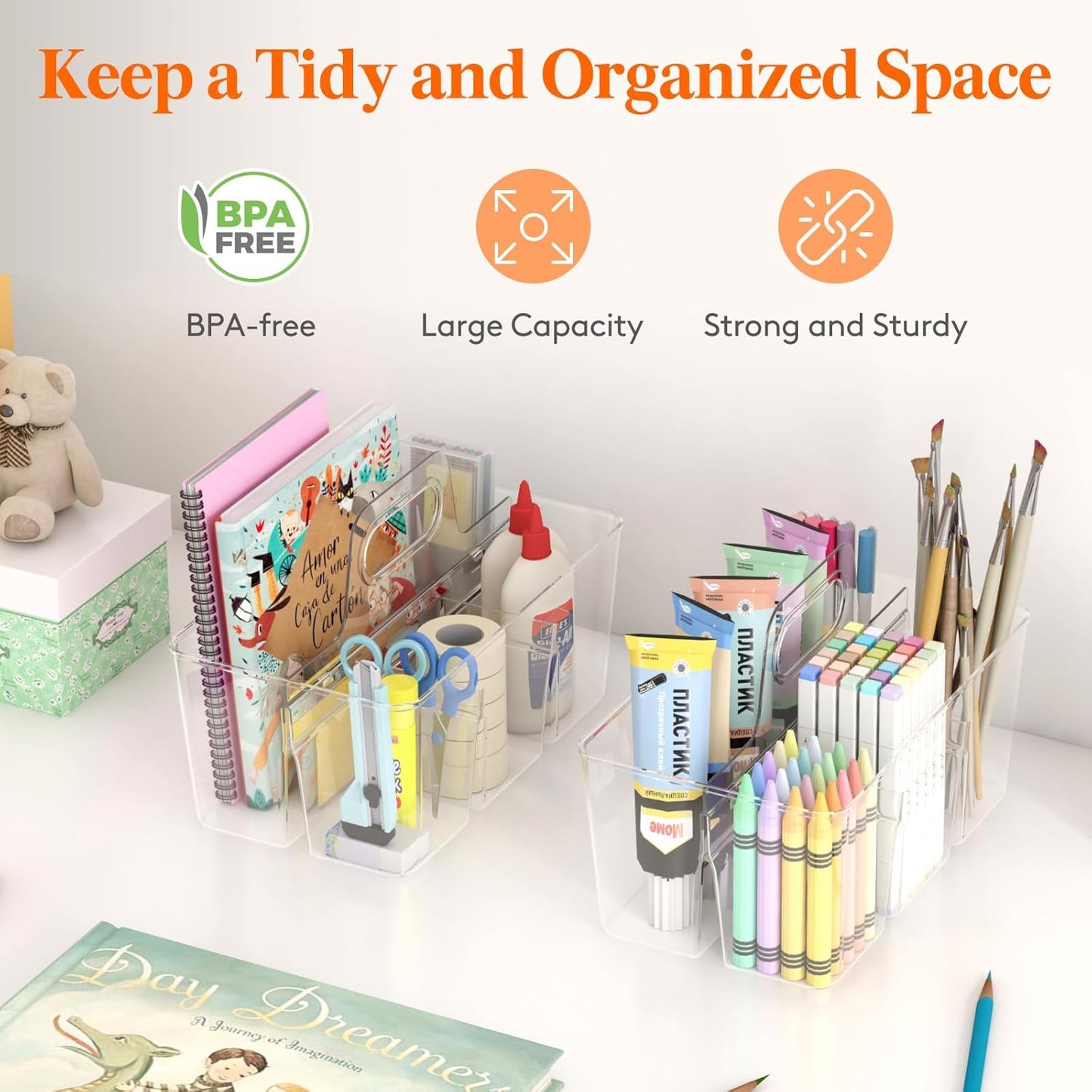 2 Pcs Plastic Caddy Organizer with Handle, Portable Art Supply Storage for Craft Supplies, Cosmetics, Holds Pencil, Crayon, Brhes, Hair Product, Dorm Shower Caddy, Clear, 25 x 15x 17cm