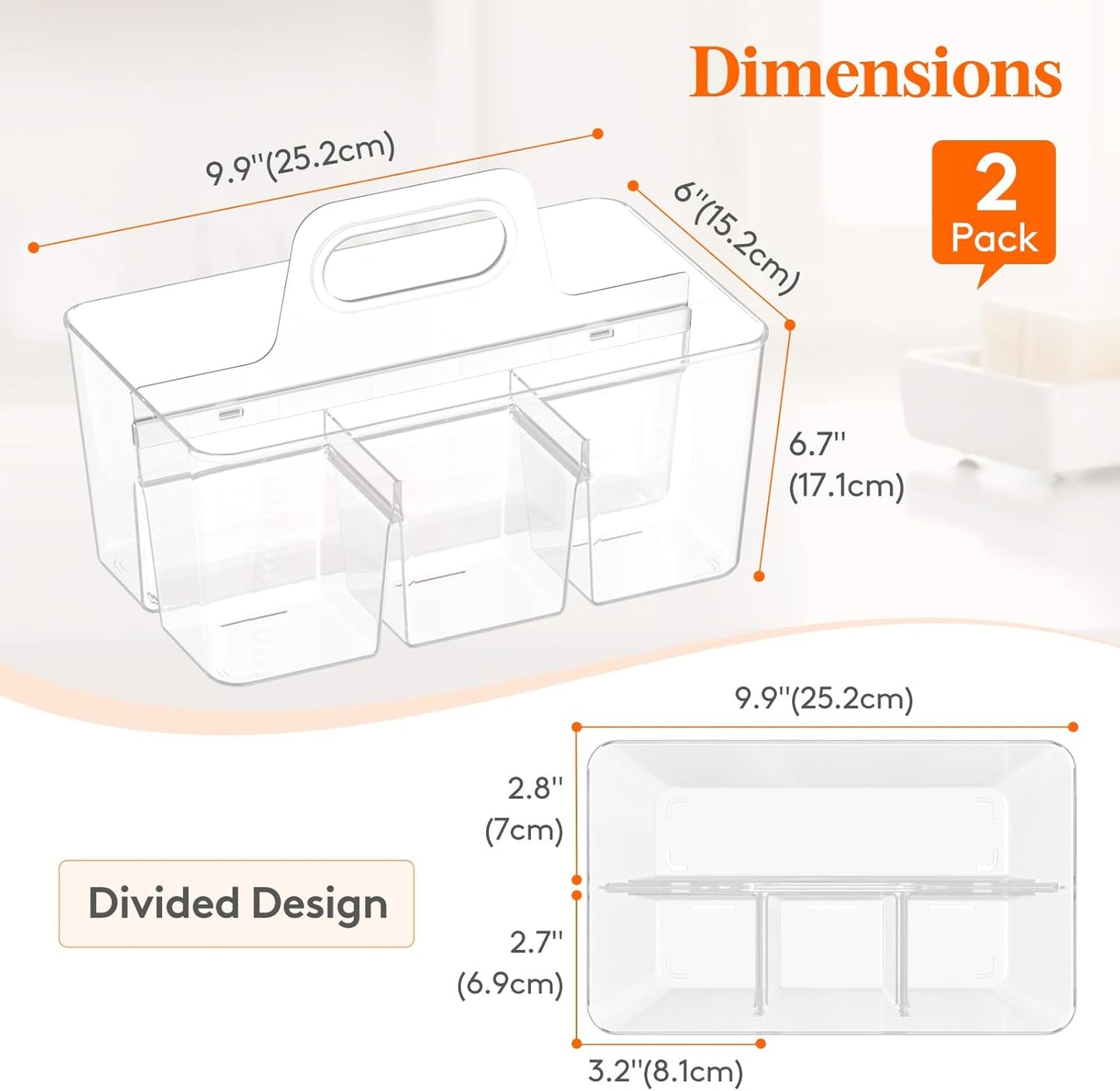 2 Pcs Plastic Caddy Organizer with Handle, Portable Art Supply Storage for Craft Supplies, Cosmetics, Holds Pencil, Crayon, Brhes, Hair Product, Dorm Shower Caddy, Clear, 25 x 15x 17cm