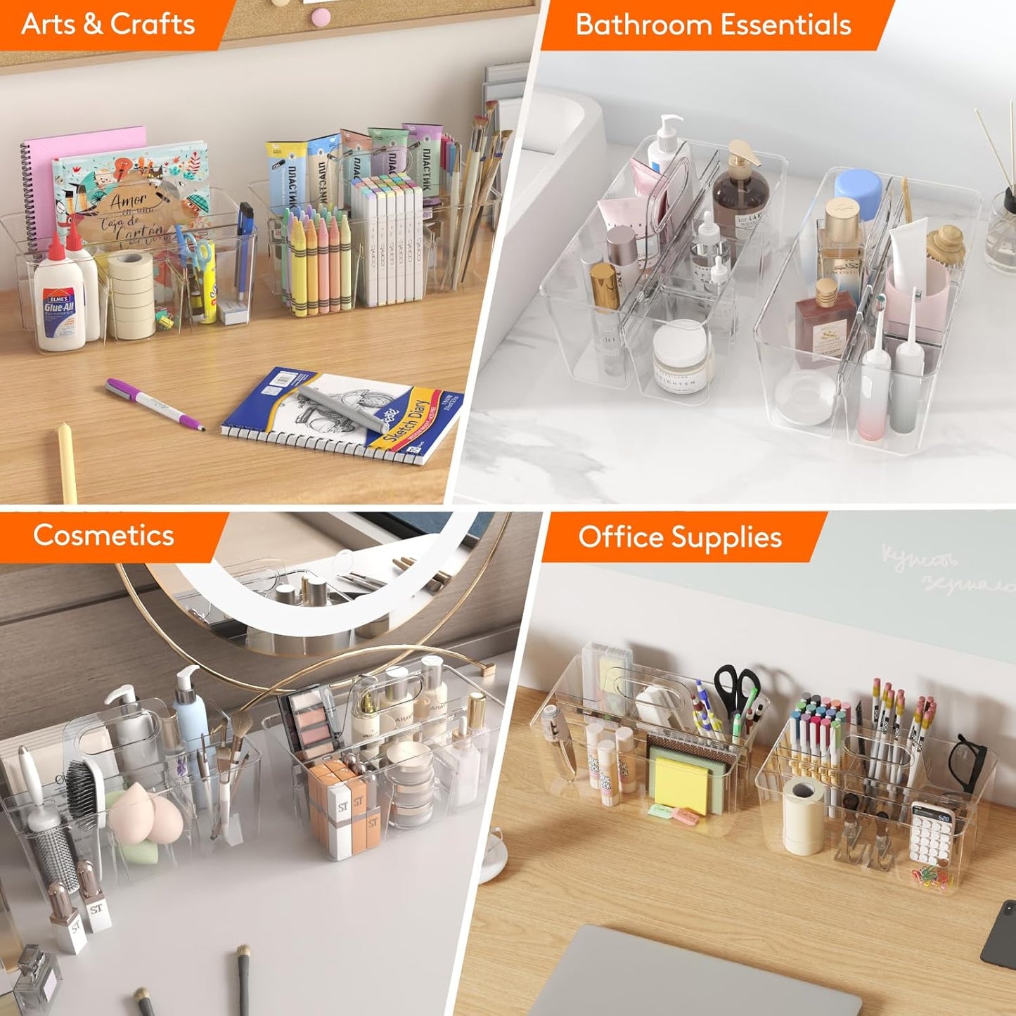 2 Pcs Plastic Caddy Organizer with Handle, Portable Art Supply Storage for Craft Supplies, Cosmetics, Holds Pencil, Crayon, Brhes, Hair Product, Dorm Shower Caddy, Clear, 25 x 15x 17cm