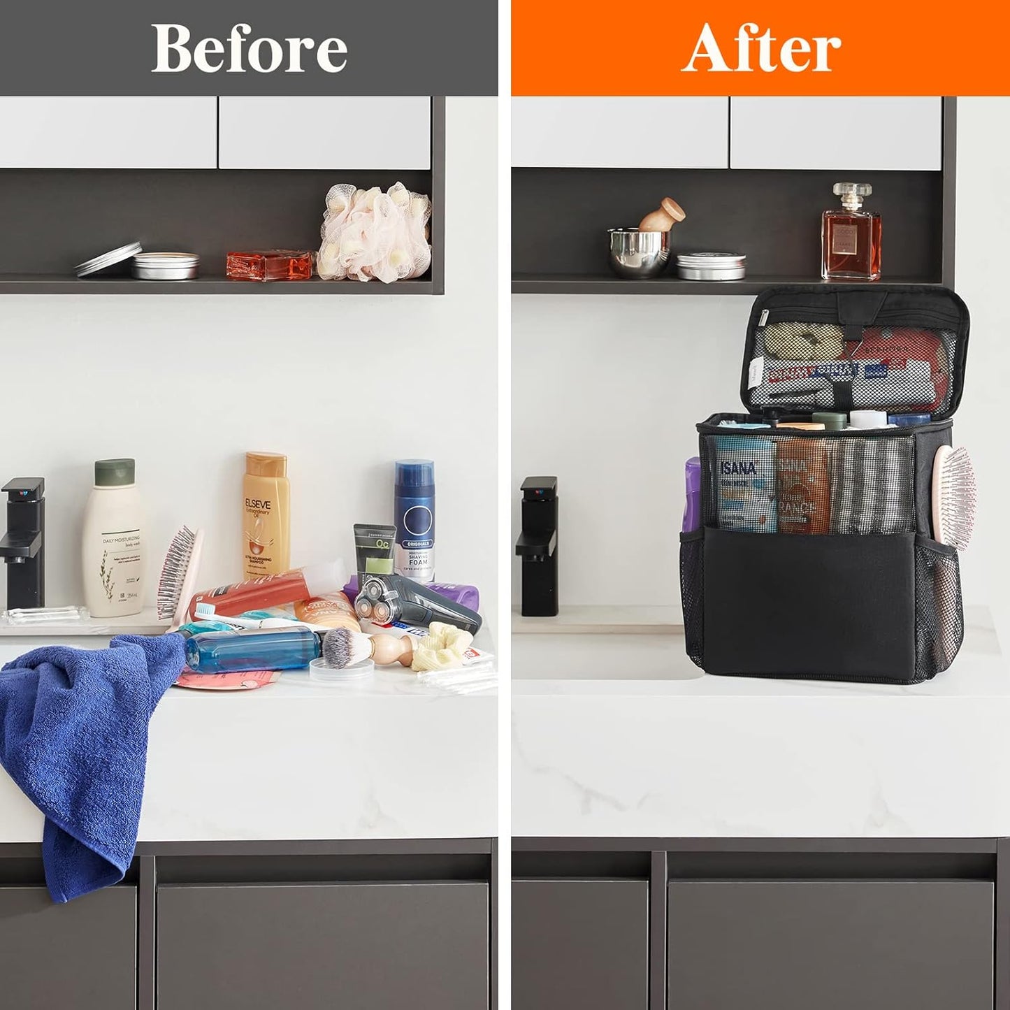 Shower Bag Mesh Shower Caddy Portable College Dorm Room Essentials Tote Bag for Bathroom, Gym, Travel, Camping Quick Dry Hanging Shower Organizer Basket Toiletry Bag, Medium, Black