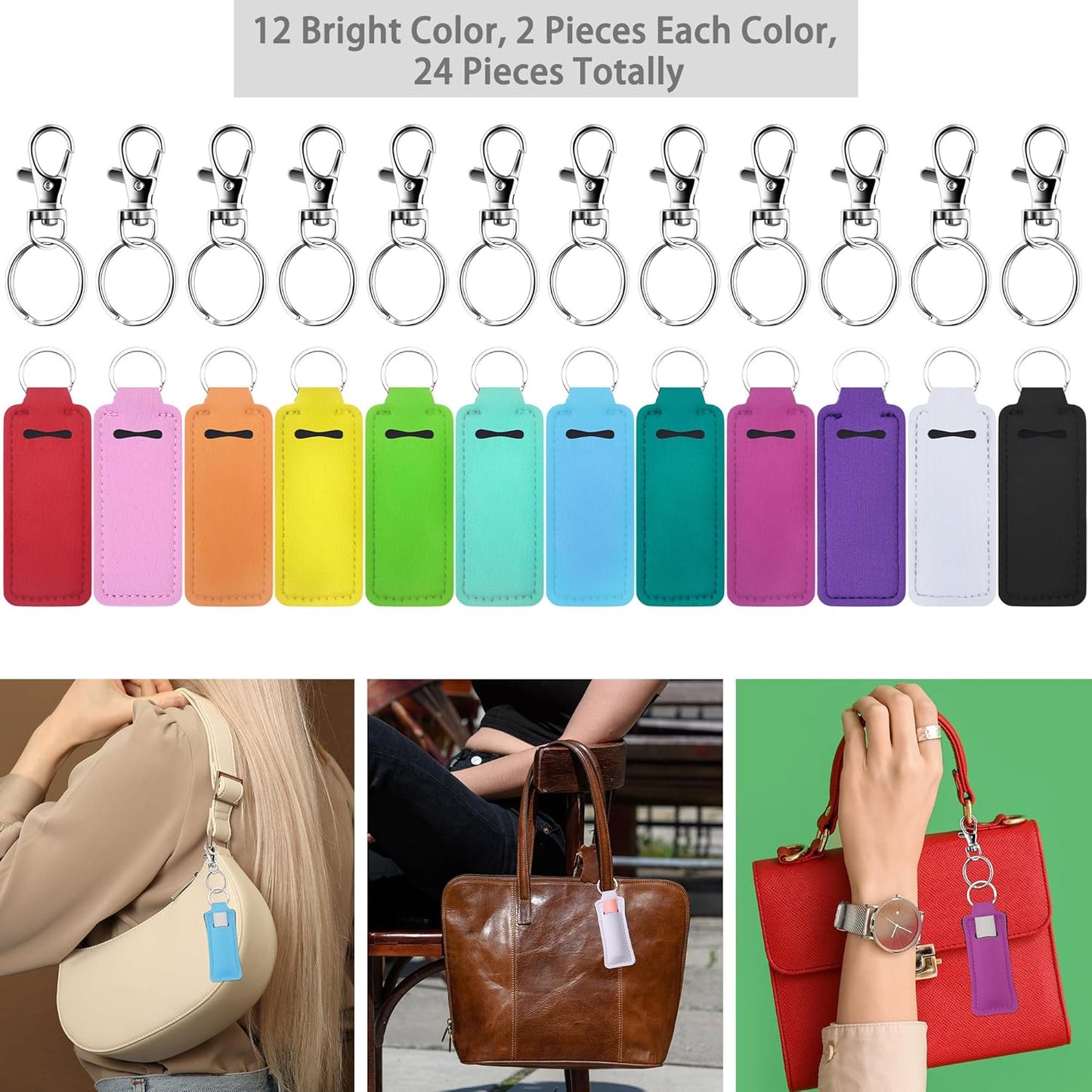 24 Pieces Chapstick Keychain Holder Lip Balm Holder Keychains Neoprene Lipstick Holder with 24 Pieces Metal Clip Cords for Purse Backpack