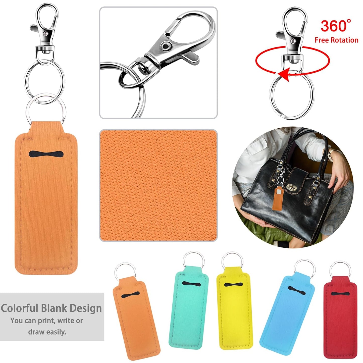 24 Pieces Chapstick Keychain Holder Lip Balm Holder Keychains Neoprene Lipstick Holder with 24 Pieces Metal Clip Cords for Purse Backpack