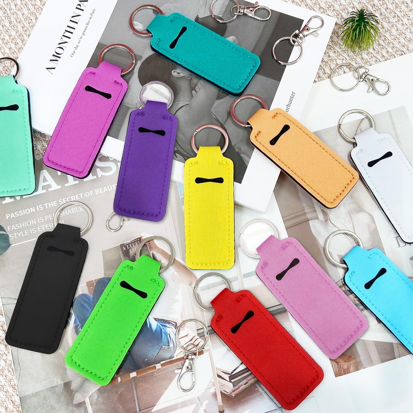 24 Pieces Chapstick Keychain Holder Lip Balm Holder Keychains Neoprene Lipstick Holder with 24 Pieces Metal Clip Cords for Purse Backpack