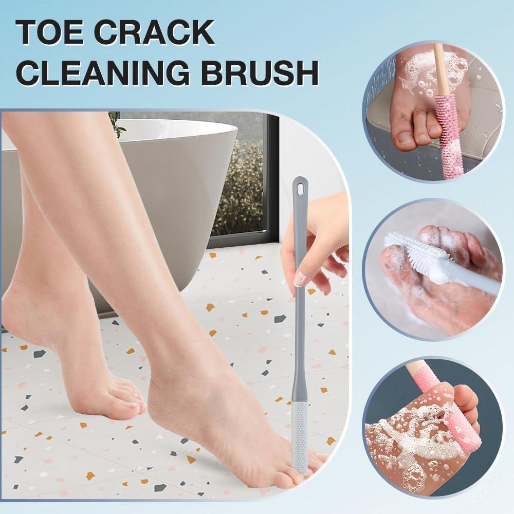 Toe Gap Cleaning Brush, Foot Back Scrubber in Shower, Long Handle Foot Bath Brush, Silicone Body Scrubber, Exfoliating for Men and Women (Gray)