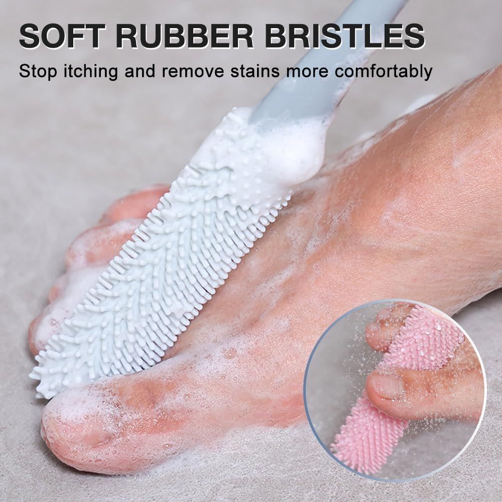 Toe Gap Cleaning Brush, Foot Back Scrubber in Shower, Long Handle Foot Bath Brush, Silicone Body Scrubber, Exfoliating for Men and Women (Gray)