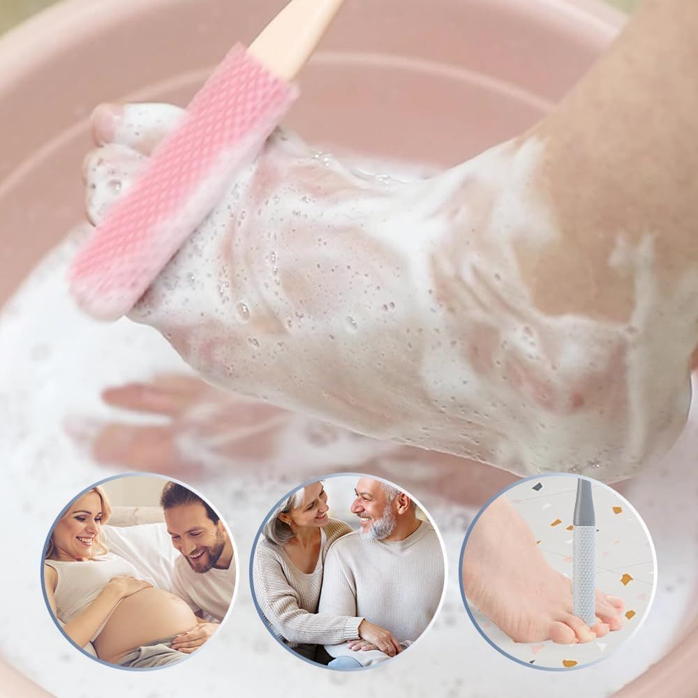 Toe Gap Cleaning Brush, Foot Back Scrubber in Shower, Long Handle Foot Bath Brush, Silicone Body Scrubber, Exfoliating for Men and Women (Gray)