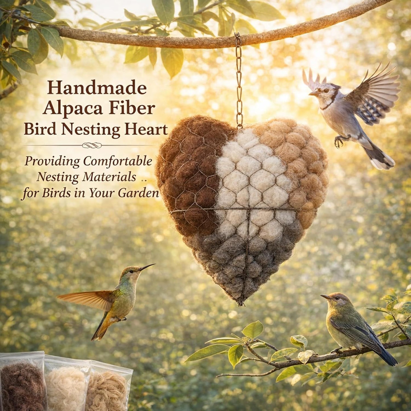 2PCS Alpaca Fiber Bird Nesting, Handmade Alpaca Fiber Bird Nesting Heart (Stuffable), 3 Bags of Nesting Materials, Warm Nests for Winter Birds, for Home Gardens and Wild Birds (2 PCS)