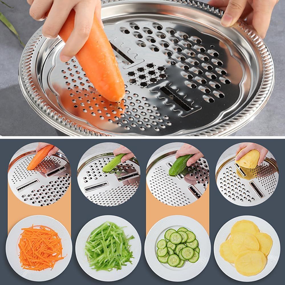 Germany Multifunctional Stainless Steel Basin, Multifunction Stainless Steel Basin with Grater 3 in 1 Vegetable Cutter for Kitchen, Vegetable Slicer Grater Strainer and Drain Basket (10.2 inch)