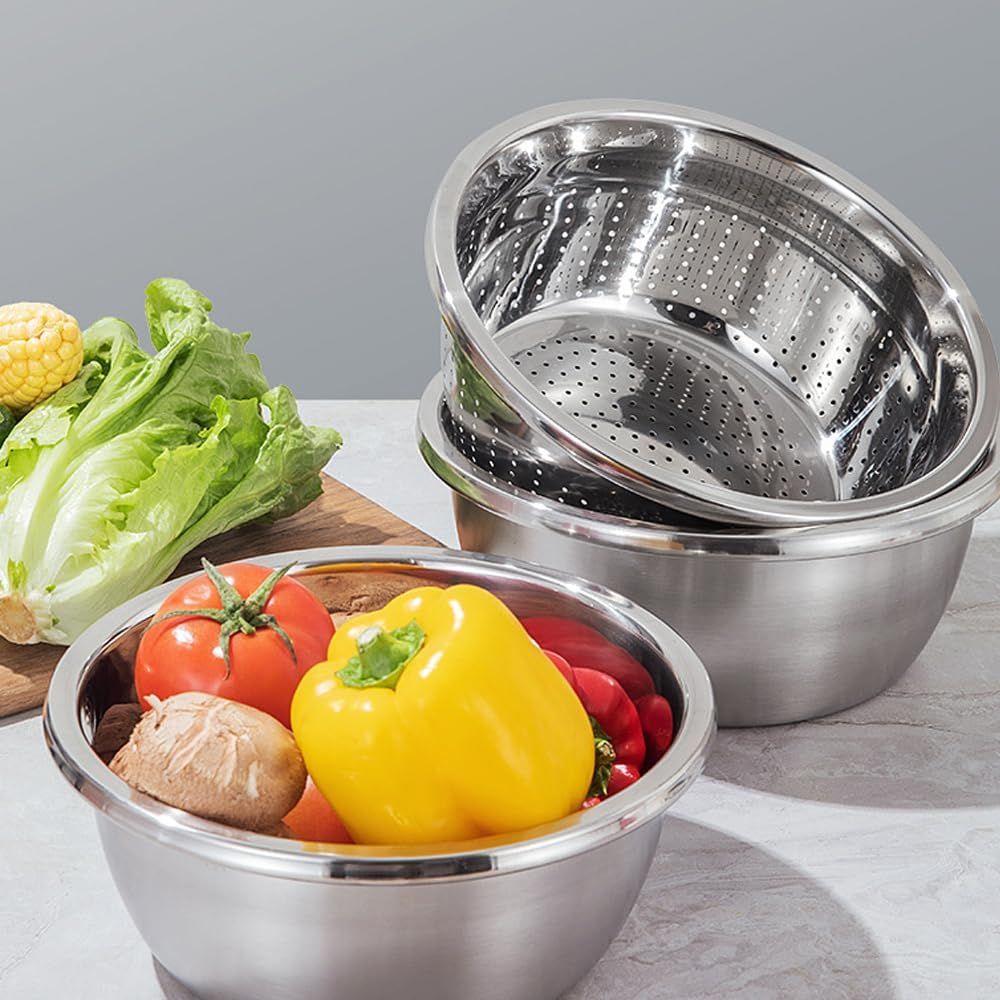 Germany Multifunctional Stainless Steel Basin, Multifunction Stainless Steel Basin with Grater 3 in 1 Vegetable Cutter for Kitchen, Vegetable Slicer Grater Strainer and Drain Basket (10.2 inch)